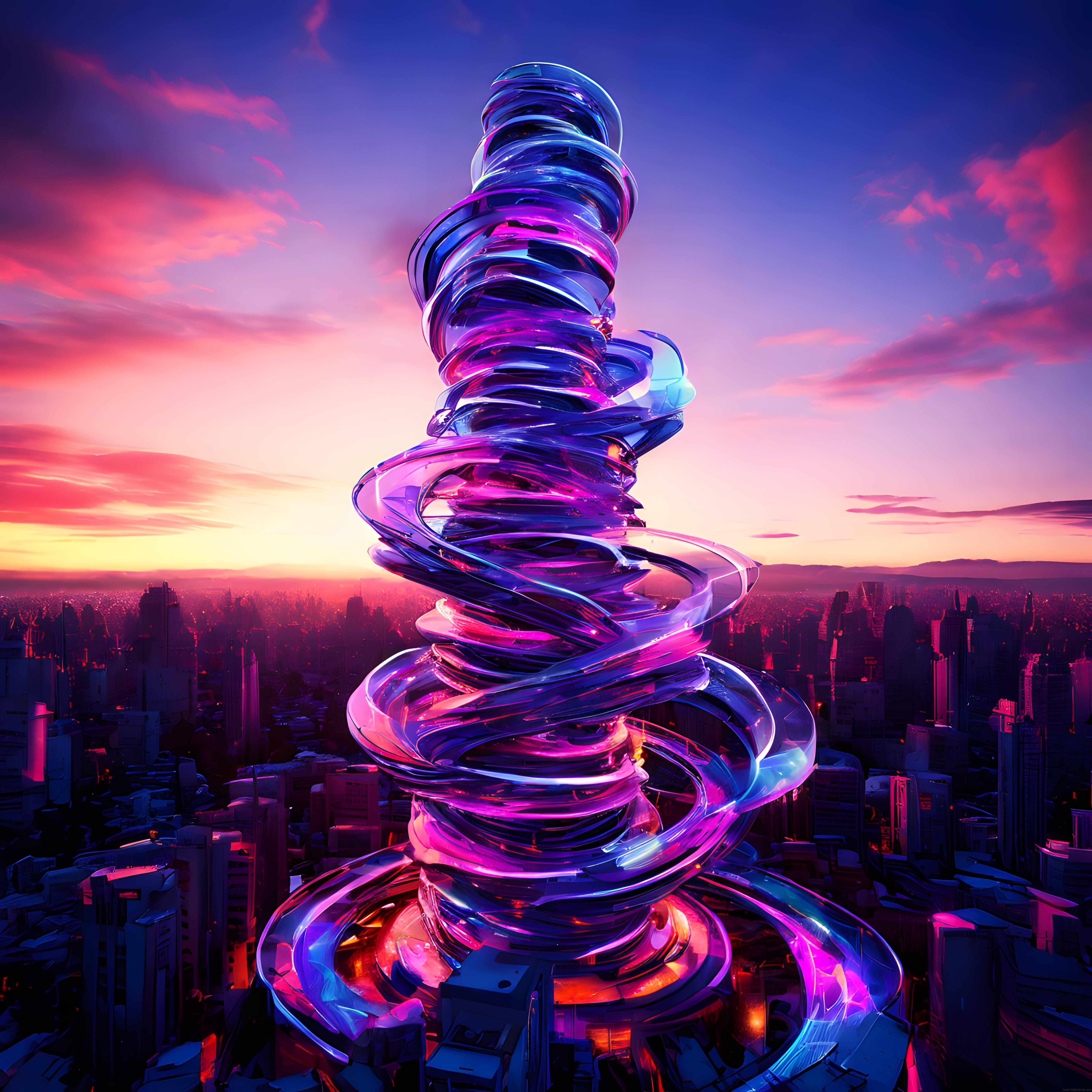 Gün batımında yükselen fütüristik neon spiral kule ve geleceğin şehri