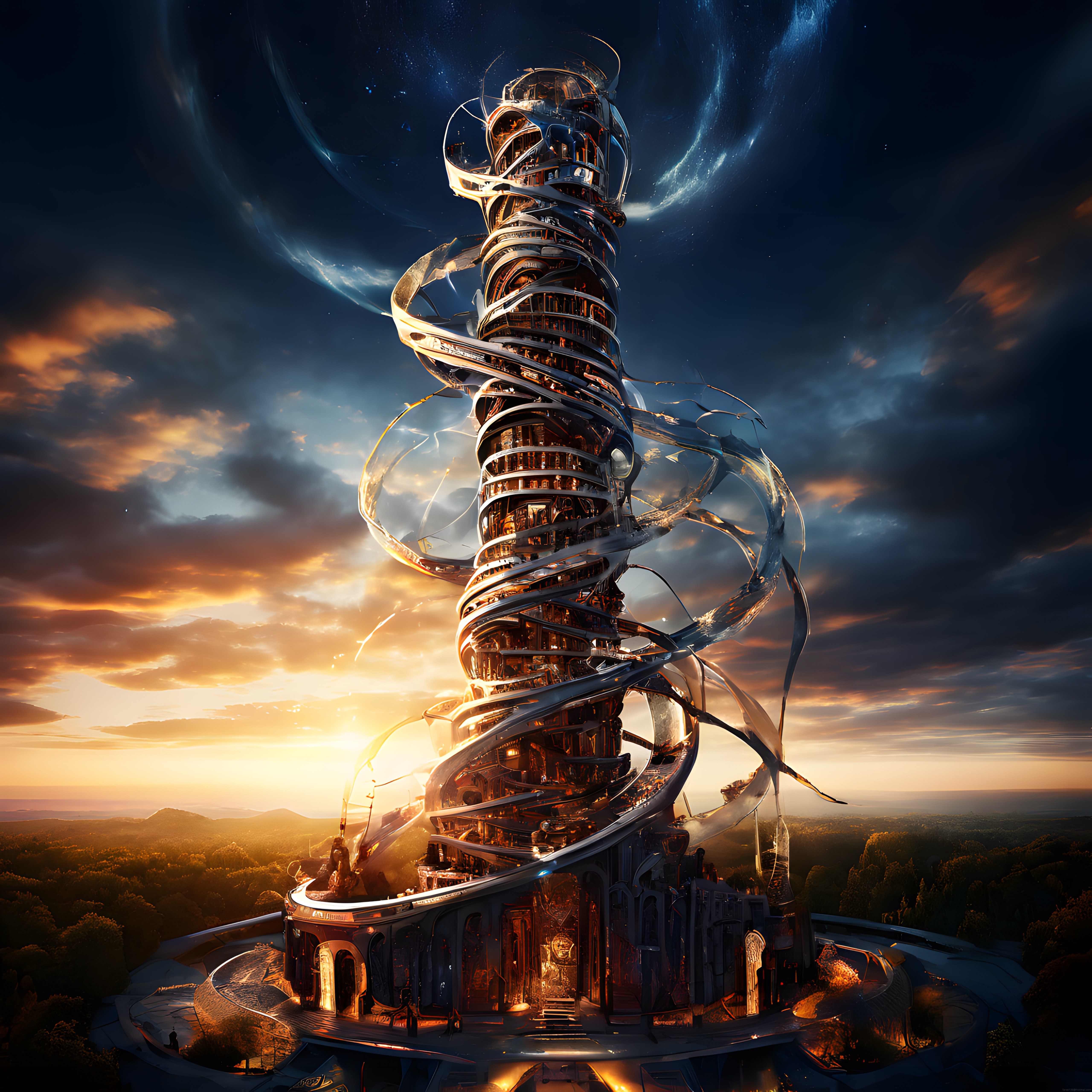 Gün Batımında Yükselen Fütüristik Spiral Kule ve Uzayda Gezegenler