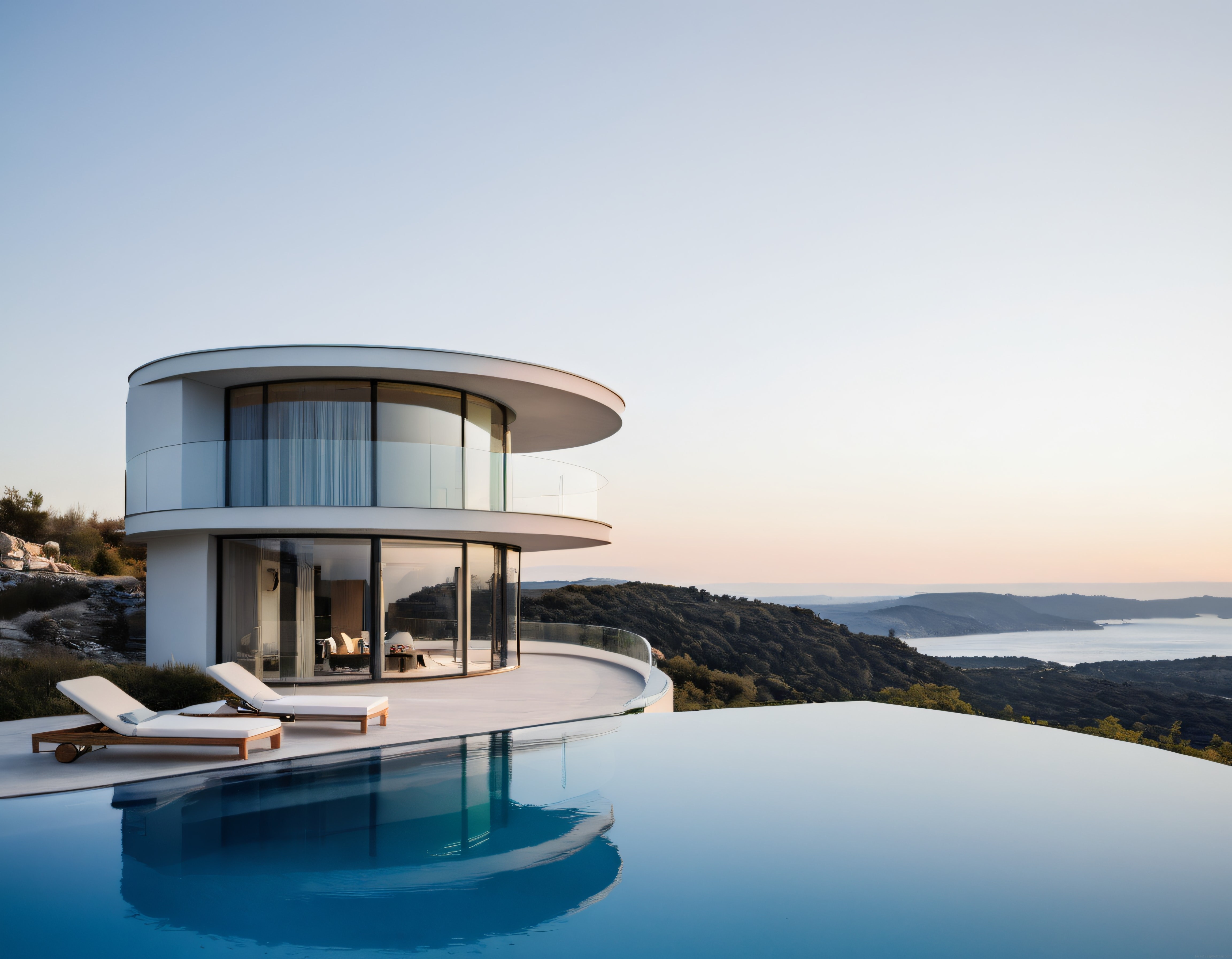 Gün Batımında Yuvarlak Villa ve Sonsuzluk Havuzu Manzarası