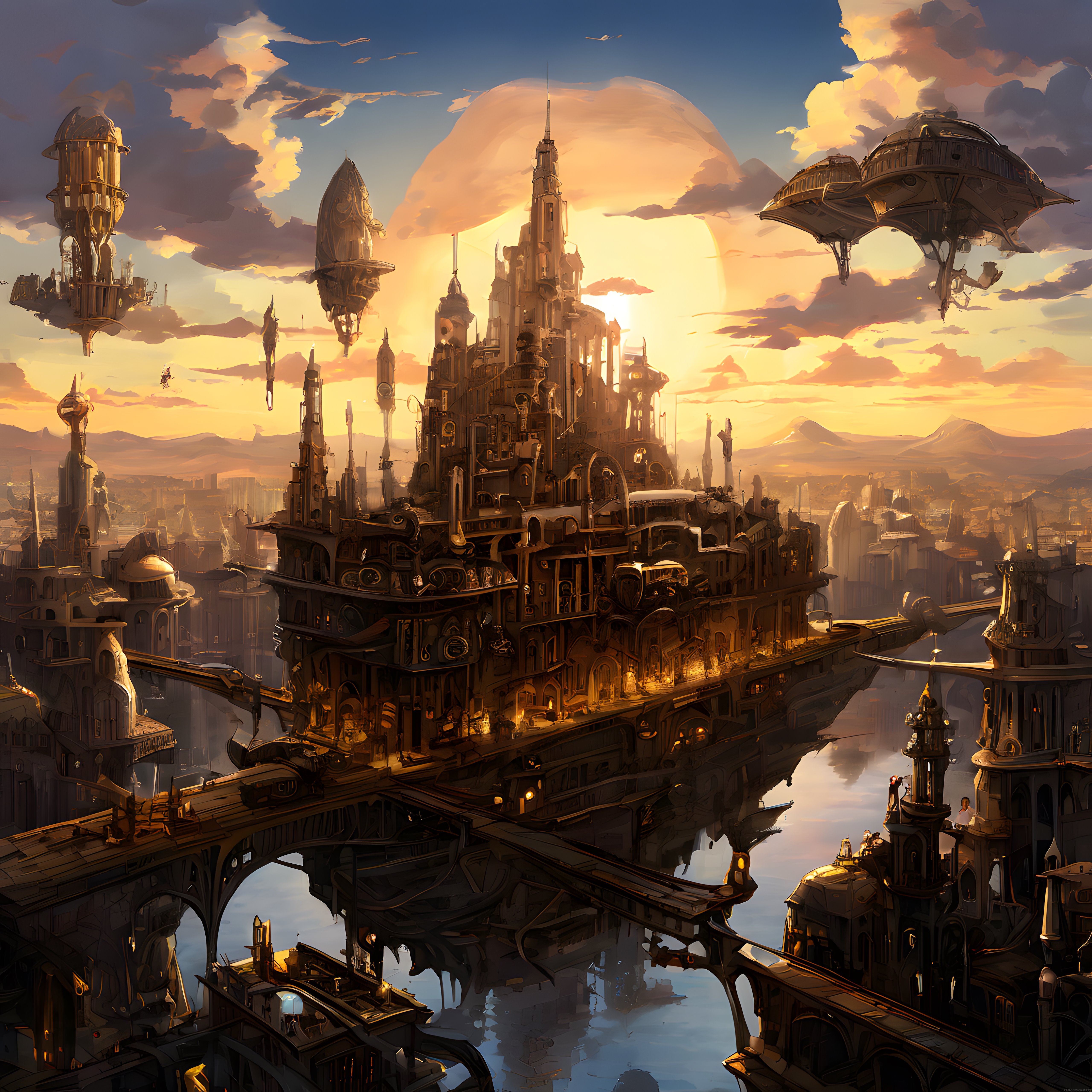 Gün Batımında Yüzen Fantastik Şehir: Göklerdeki Steampunk Manzara