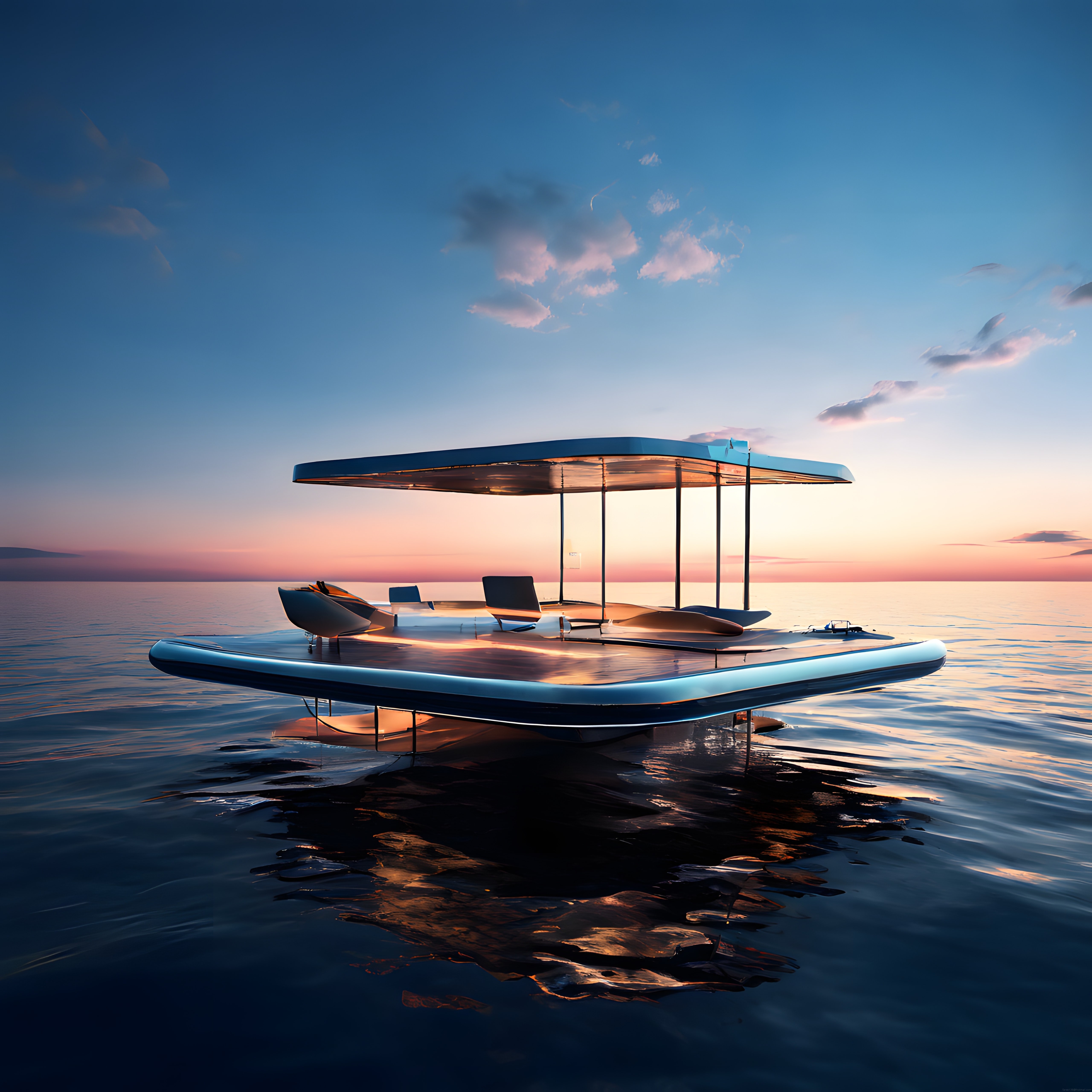 Gün Batımında Yüzen Futuristik Mimari ve Lüks Deniz Platformu
