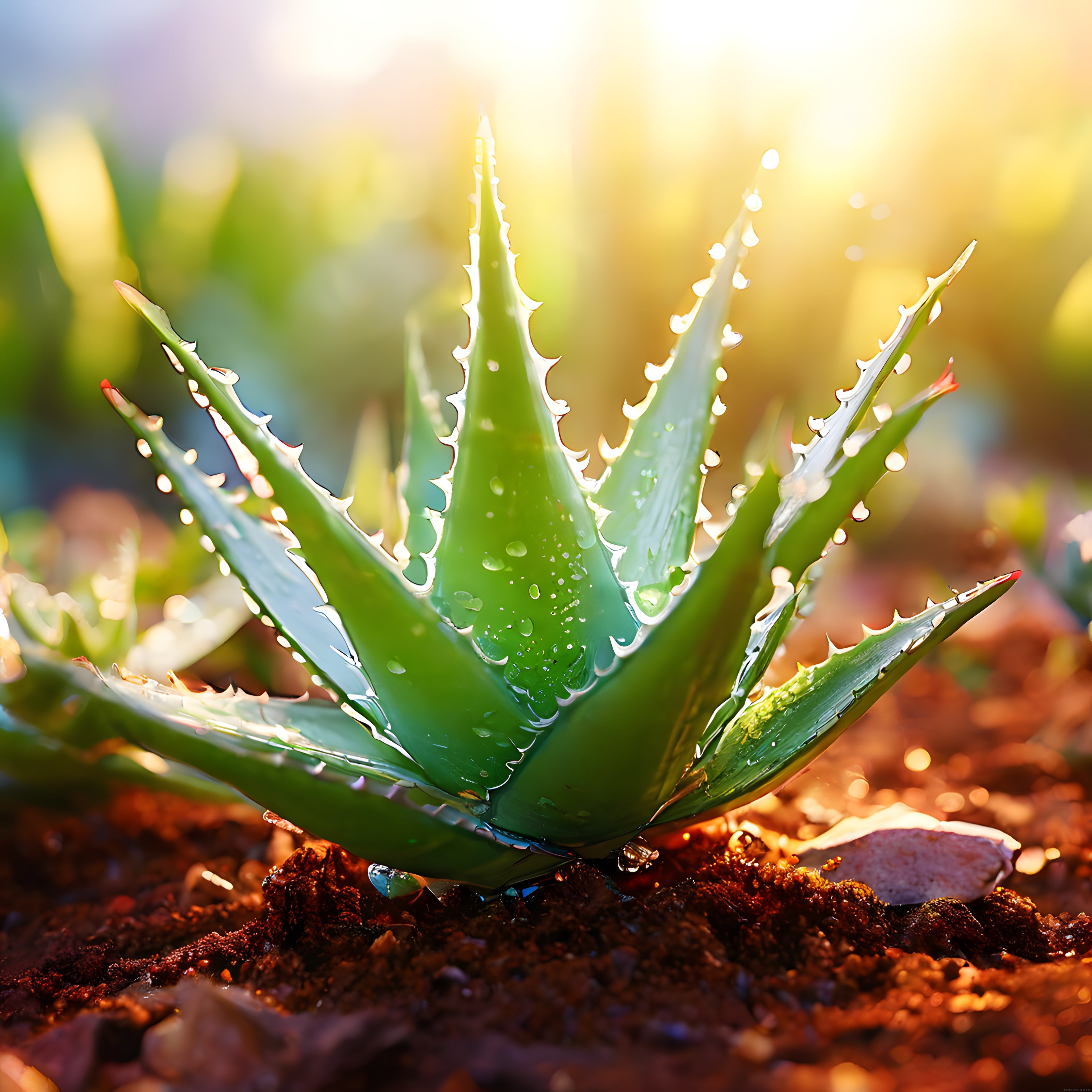 Gün Doğumunda Işıltılı Su Damlacıklarıyla Kaplı Taze Aloe Vera Bitkisi