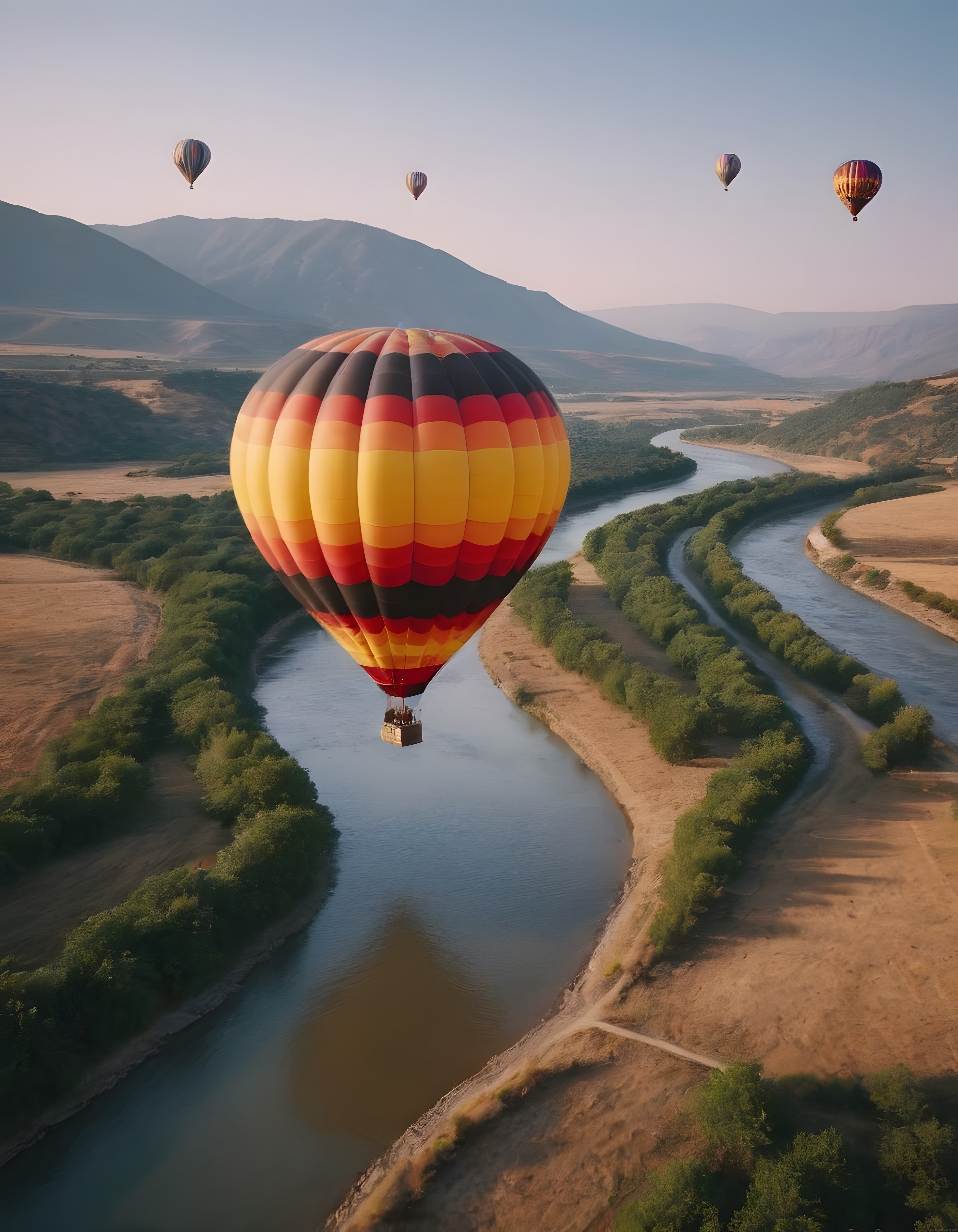 Gün Doğumunda Nehir Vadisi Üzerinde Uçan Renkli Sıcak Hava Balonları