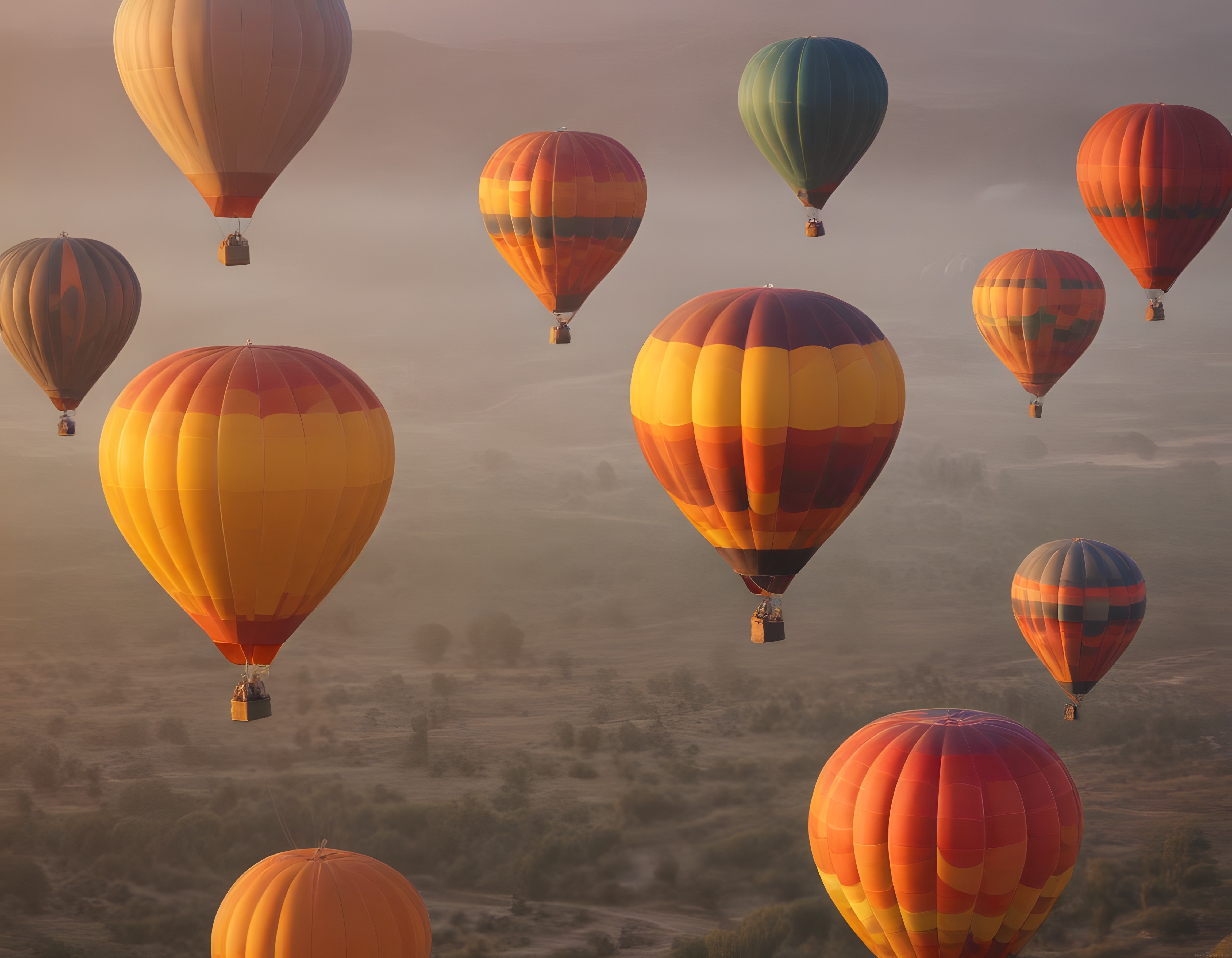 Gün Doğumunda Sisli Vadide Uçan Renkli Sıcak Hava Balonlarının Eşsiz Görünümü