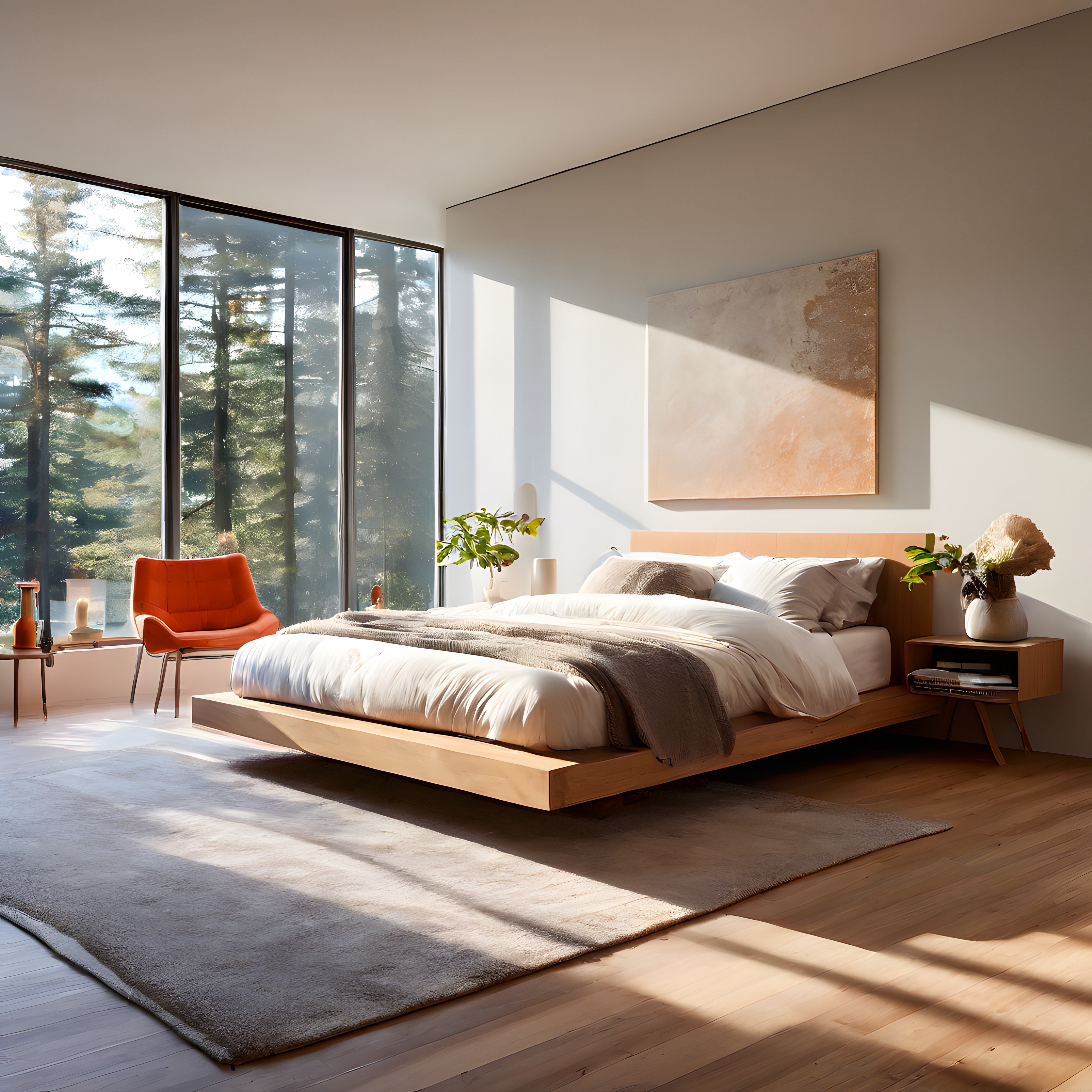 Gün Işığı Dolu Minimalist Yatak Odası: Doğa Manzaralı Modern İç Mekan Tasarımı
