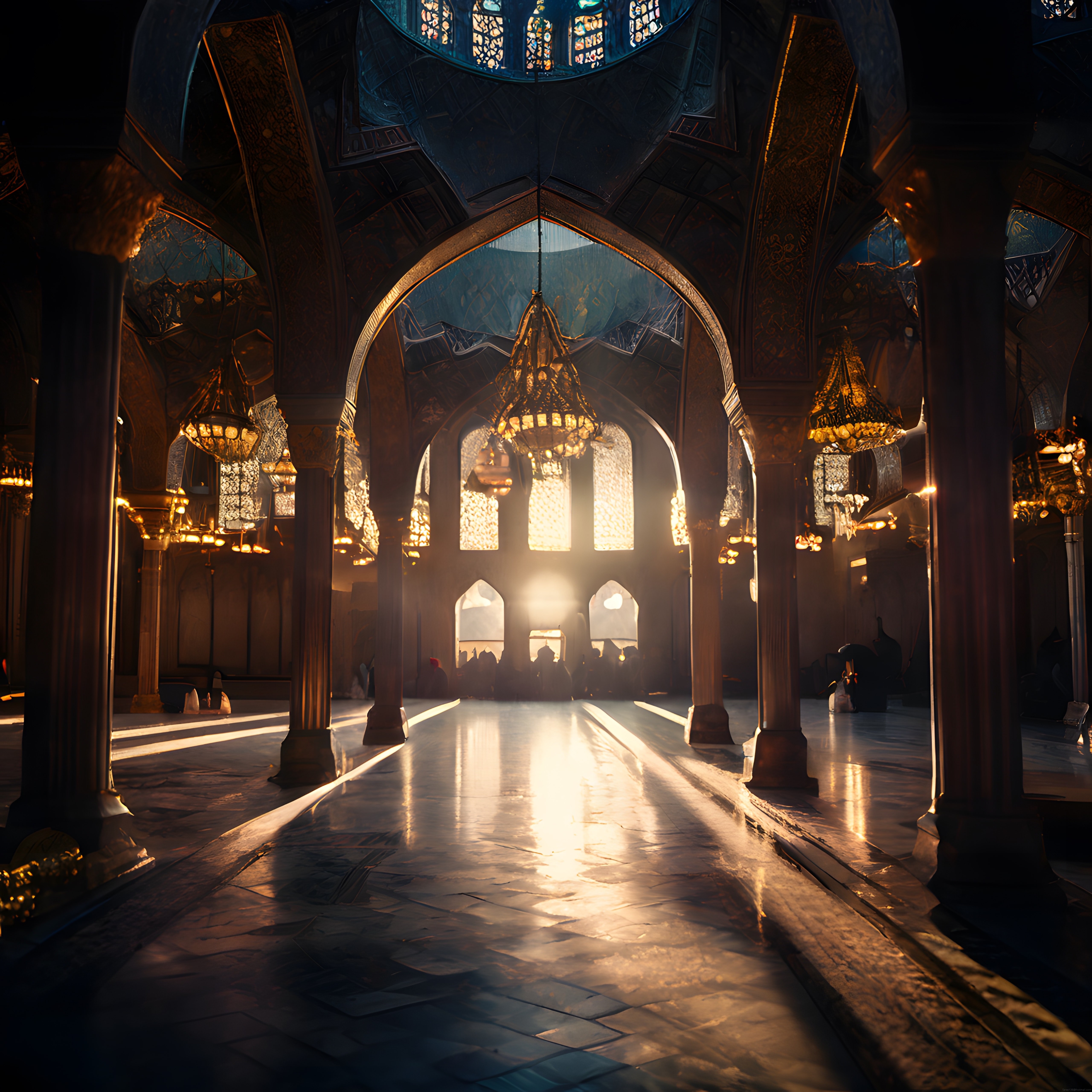 Gün Işığı Süzülen İhtişamlı Cami İçi ve İslami Mimari Detayları