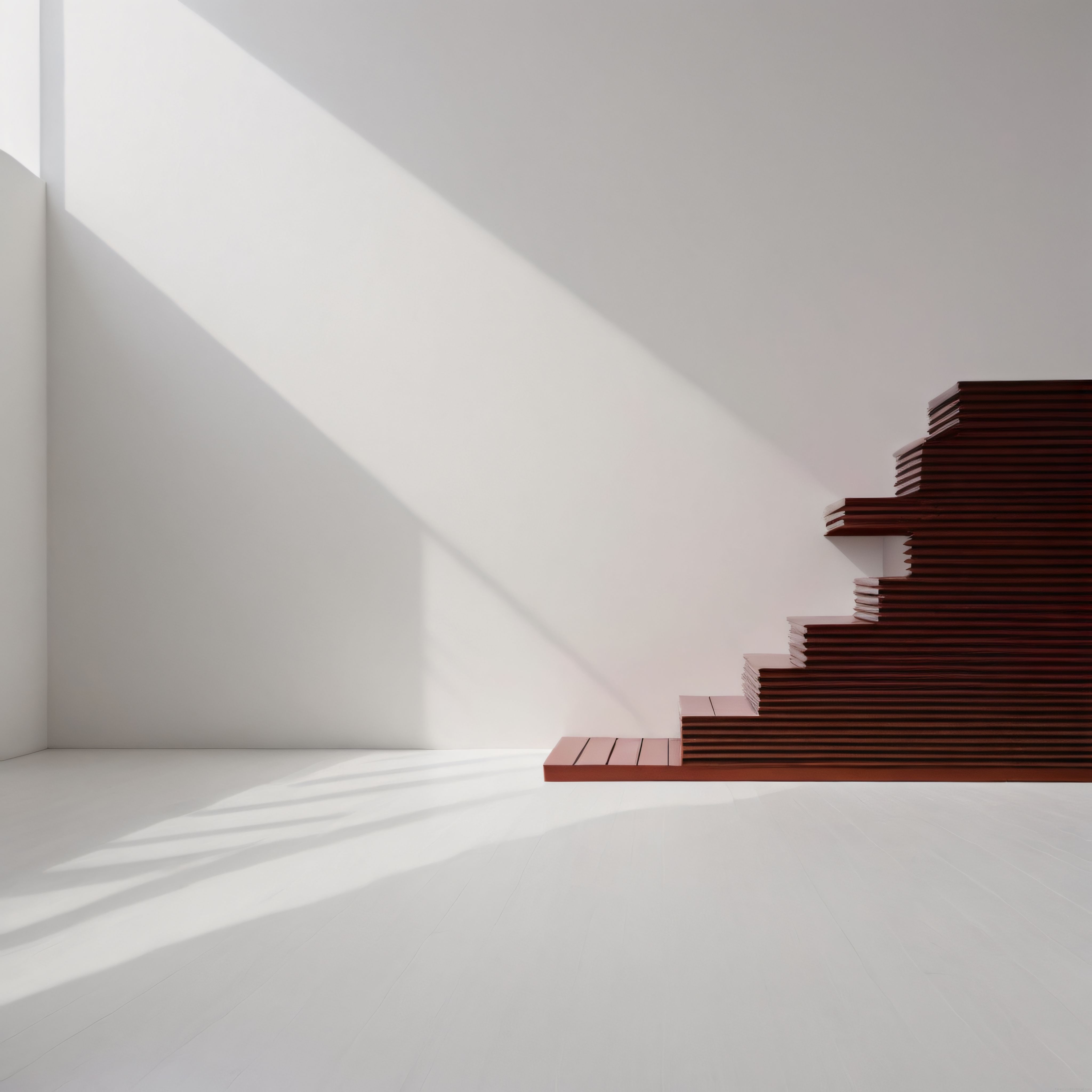 Gün Işığı ve Gölgelerin Dans Ettiği Beyaz Minimalist Oda ve Merdiven