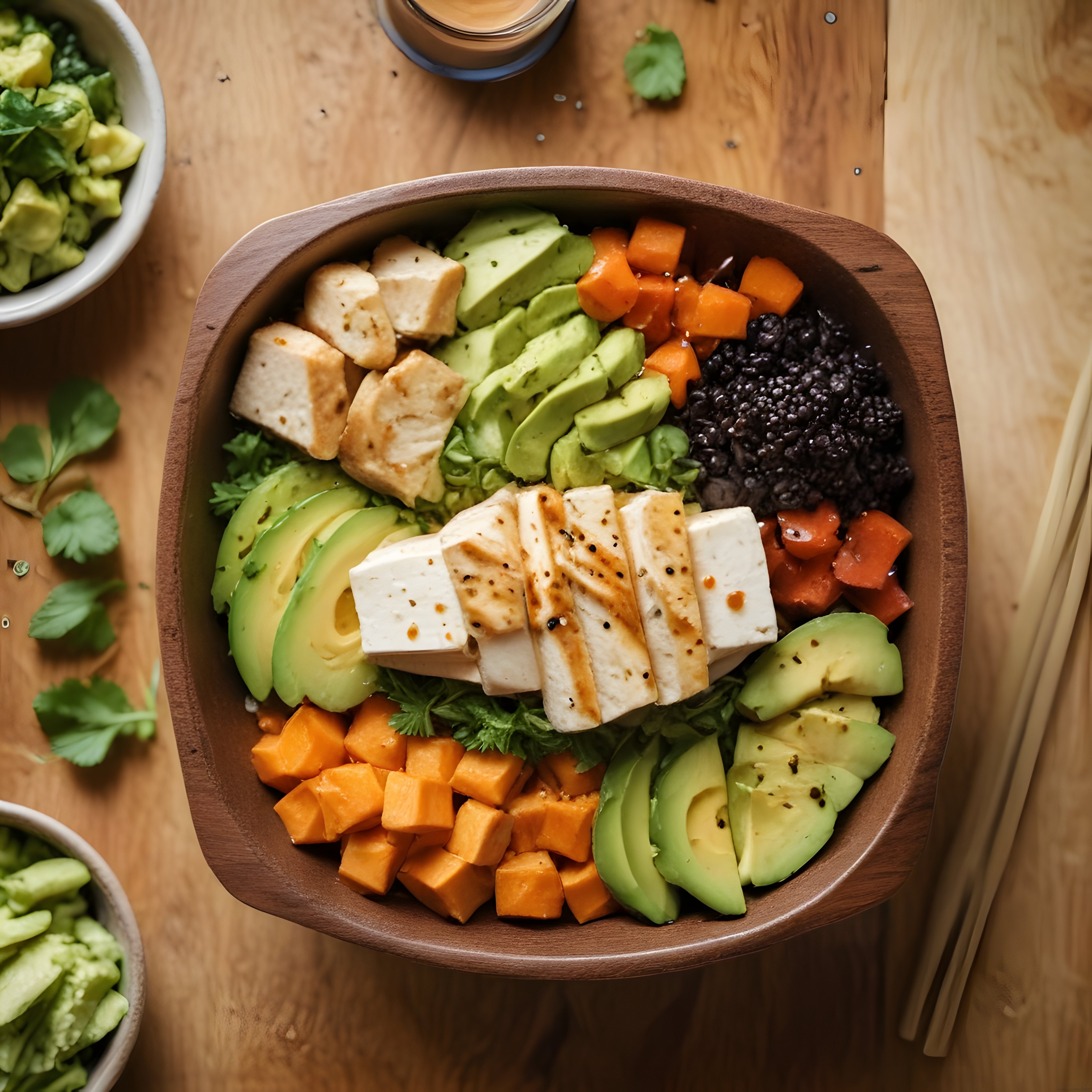 Gün Işığında Ahşap Kasede Renkli Sağlıklı Buddha Bowl ve Taze Malzemeler