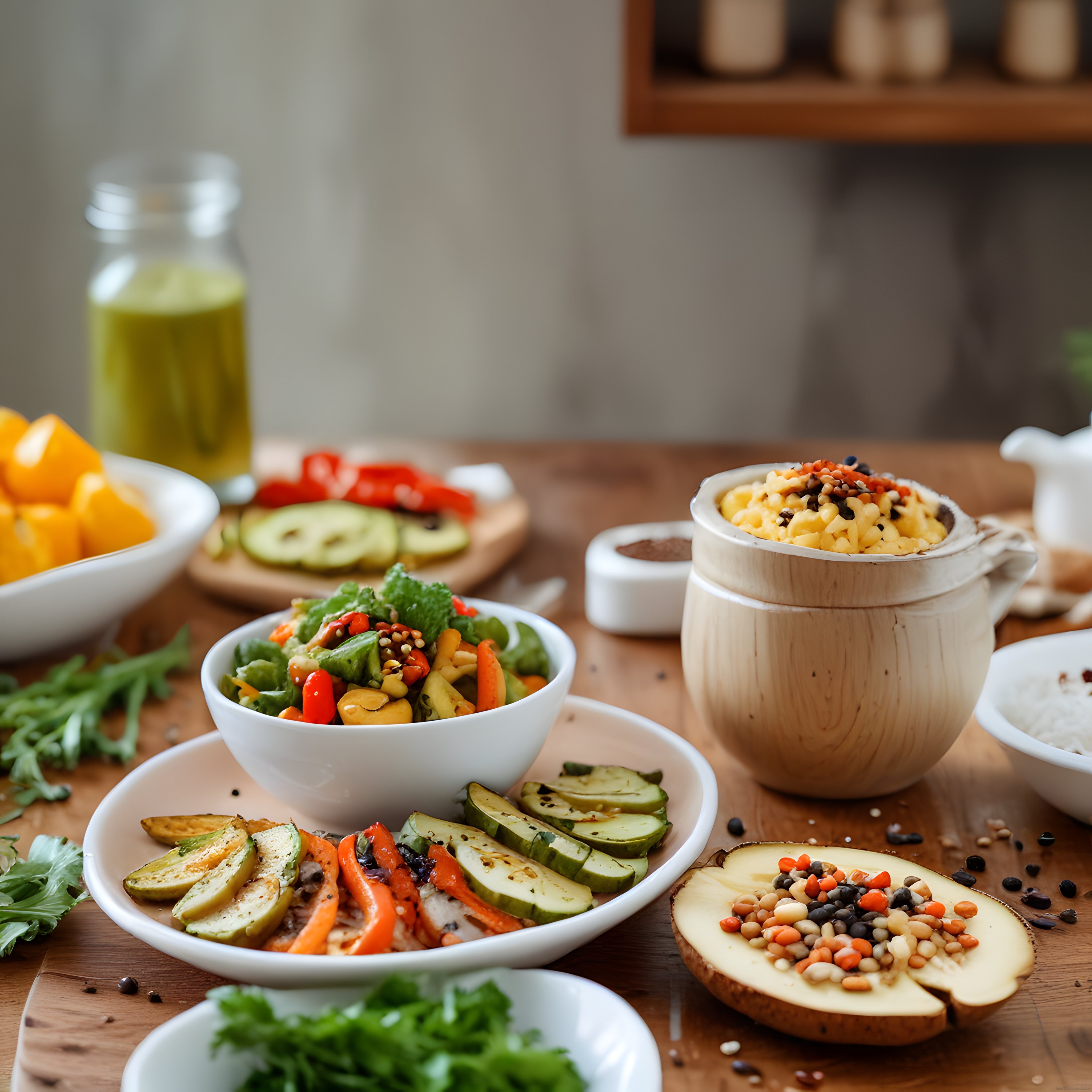 Gün Işığında Ahşap Masada Renkli Sebze Salatası ve Tahıl Kasesi