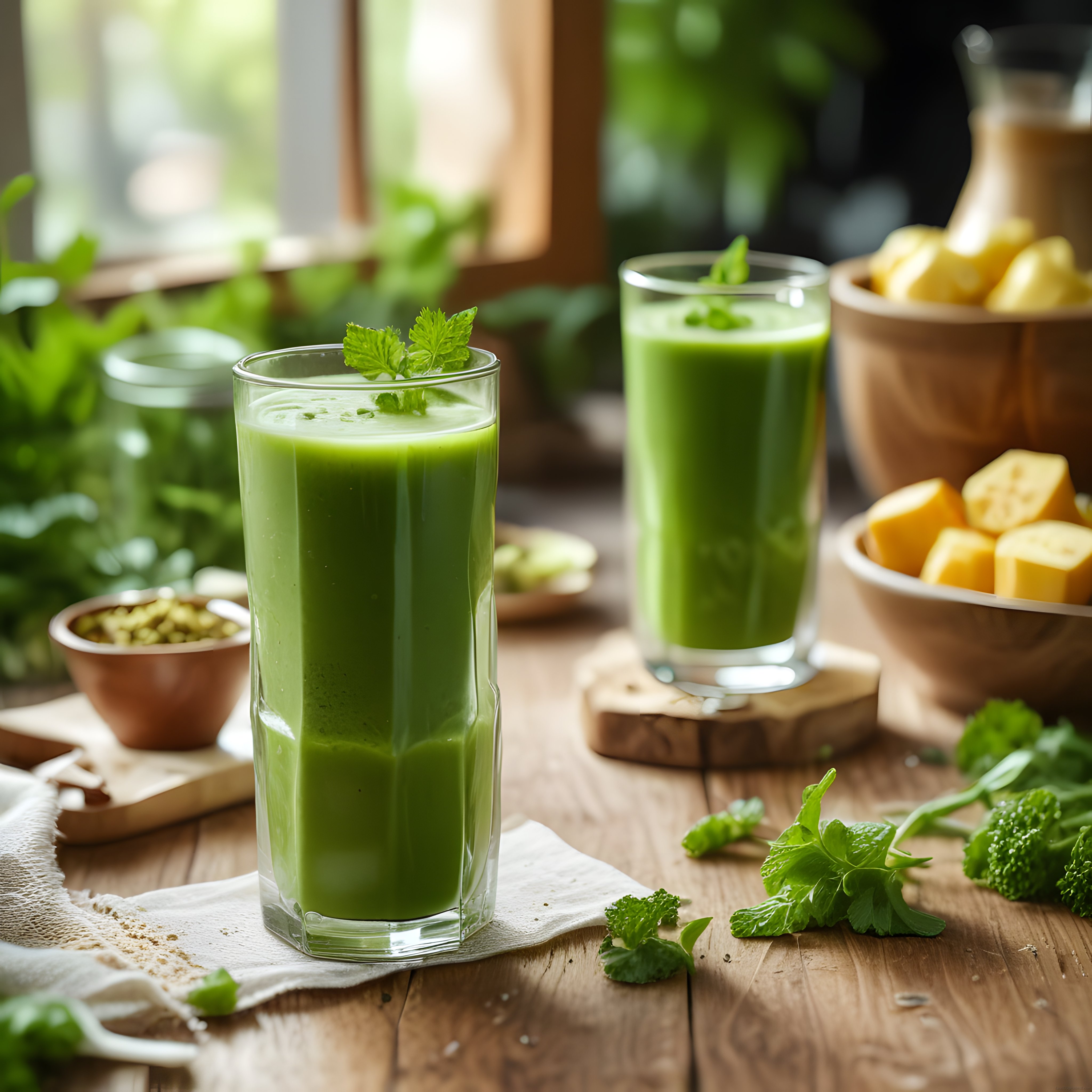 Gün Işığında Ahşap Masada Serinletici Yeşil Smoothie ve Doğal Malzemeler