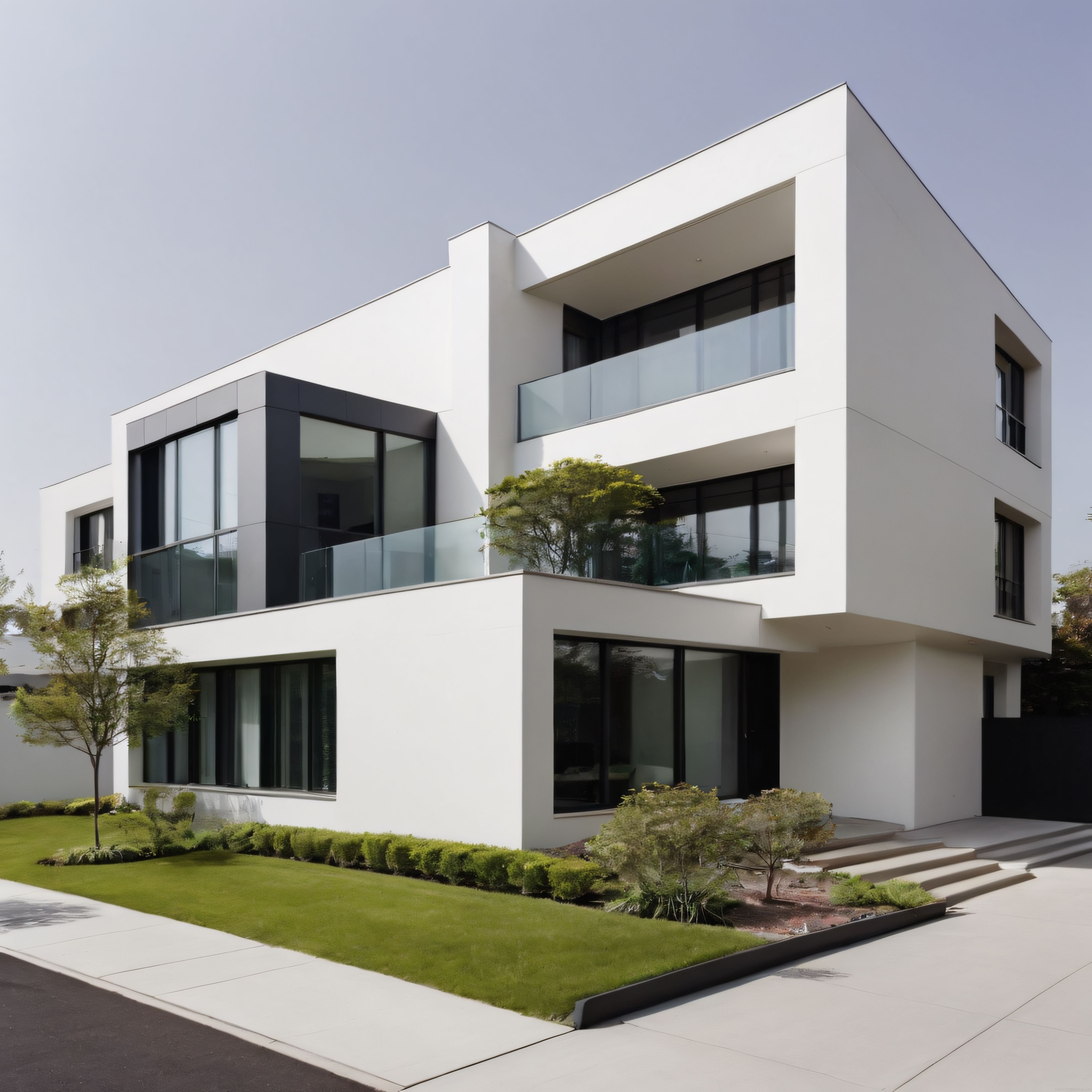 Gün ışığında beyaz cepheli çağdaş villa, cam balkonlar ve minimalist bahçe