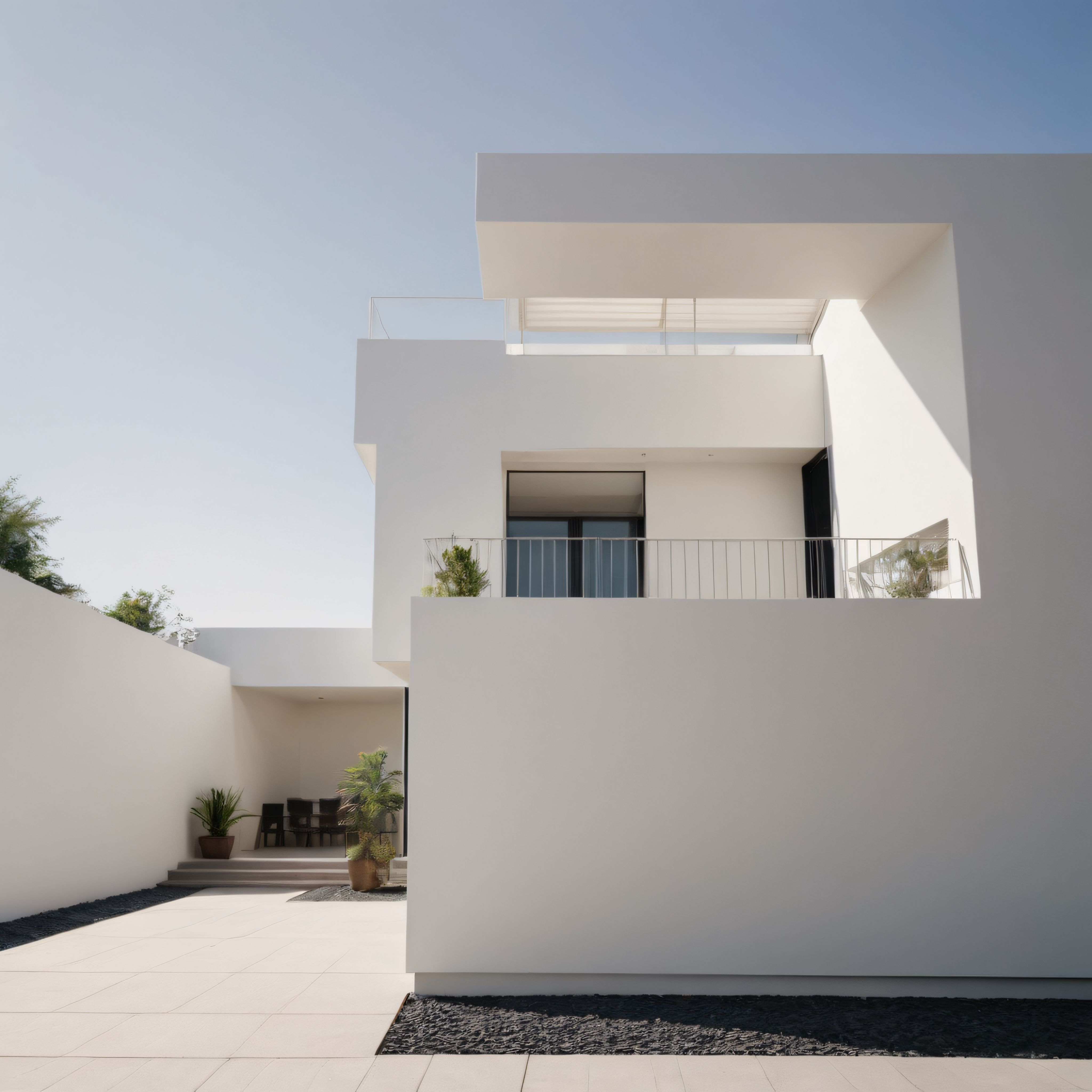 Gün Işığında Beyaz Duvarlarıyla Parlayan Modern Minimalist Villa Cephesi