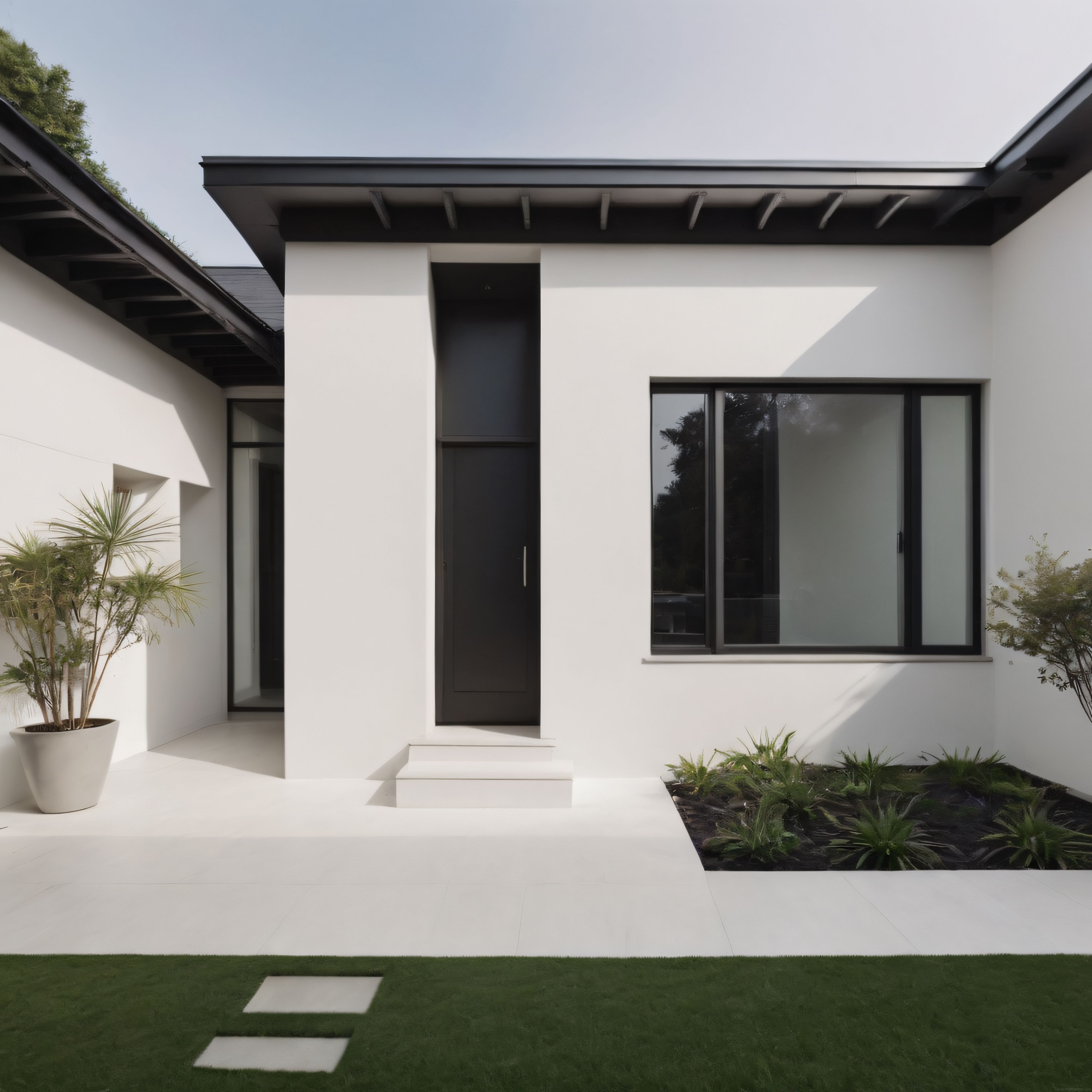 Gün Işığında Beyaz Duvarlı Modern Villa Cephesi ve Minimalist Bahçe