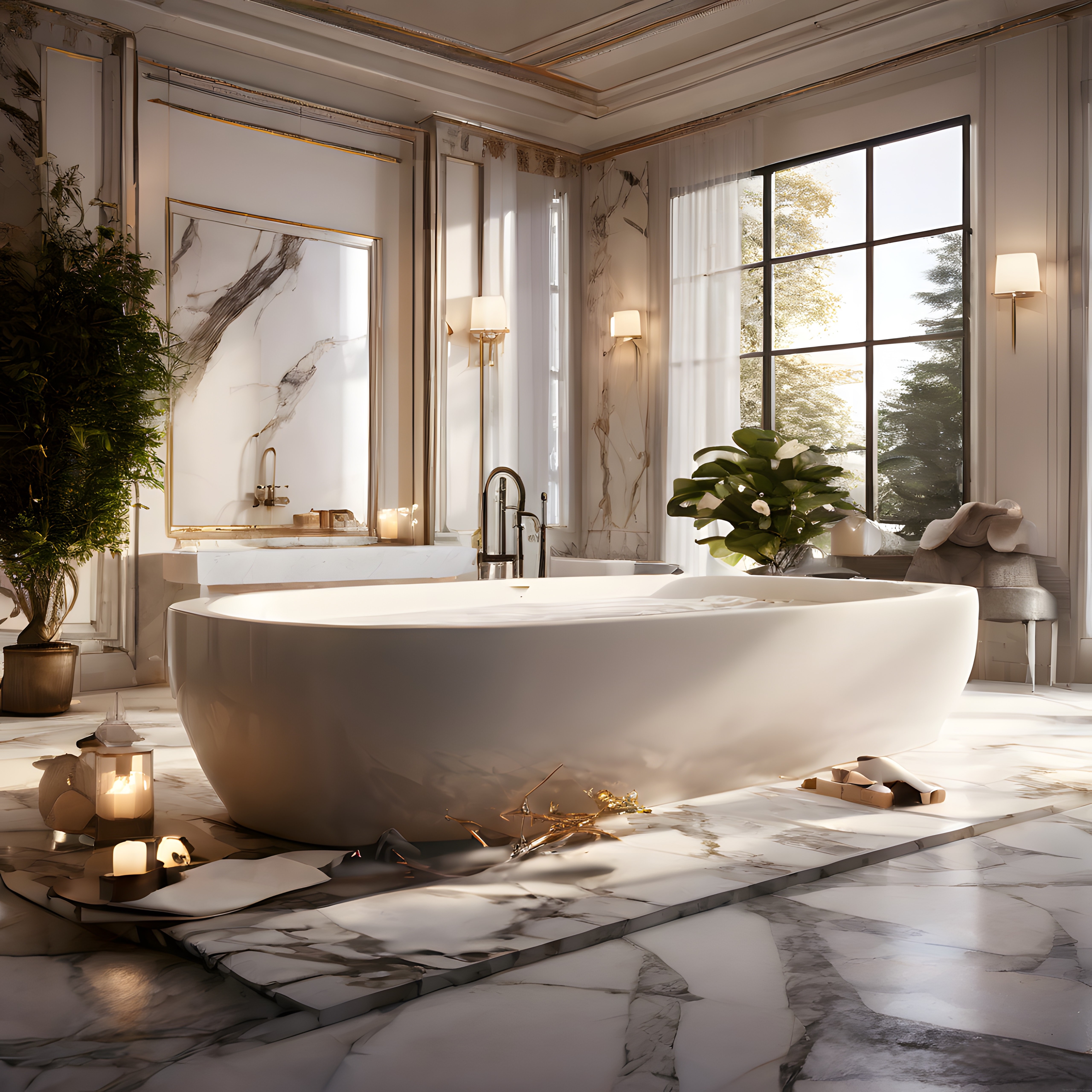 Gün Işığında Büyüleyici Mermer Banyo ve Lüks Oval Küvet Tasarımı