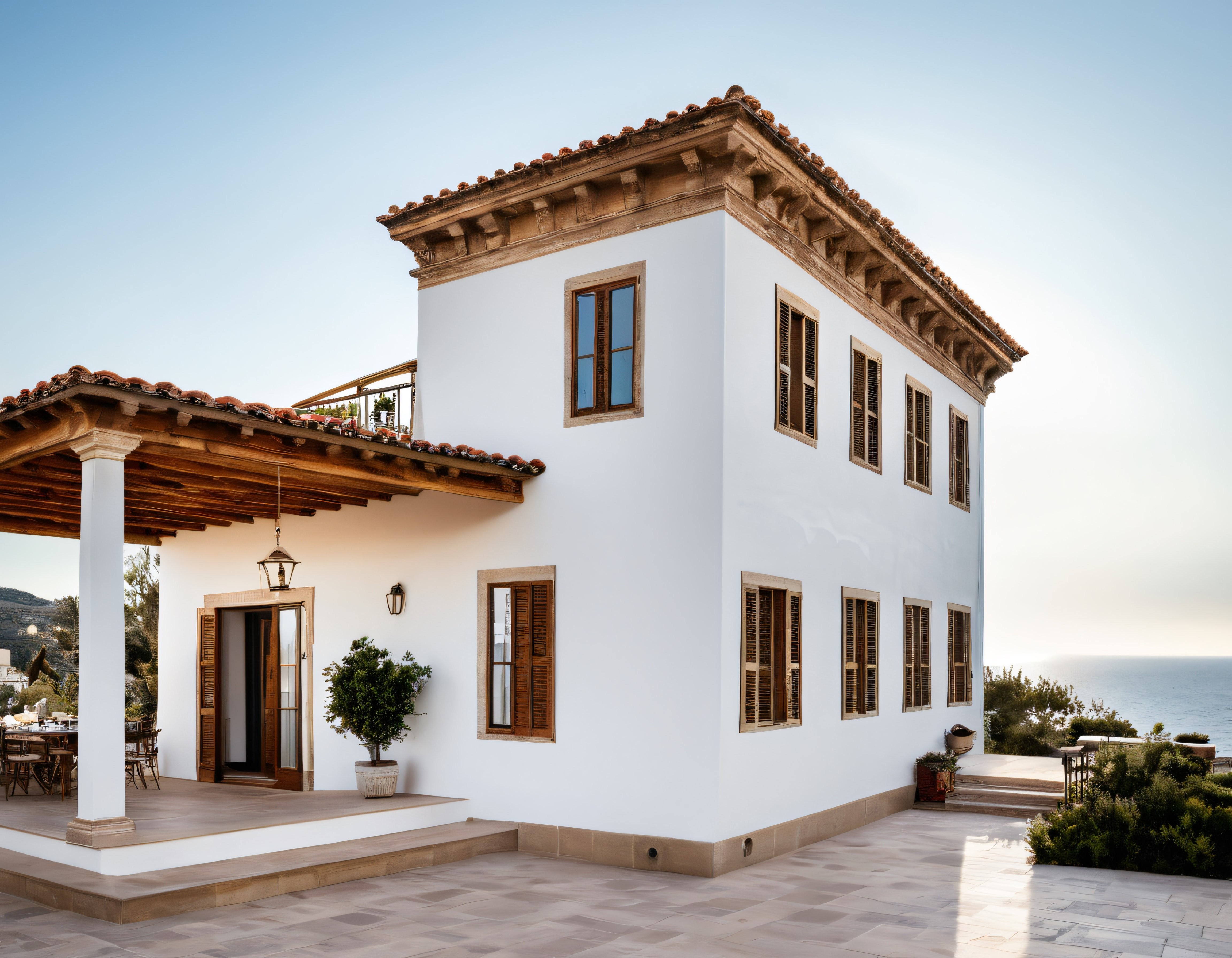 Gün Işığında Deniz Manzaralı Beyaz Akdeniz Villası ve Taş Veranda Detayları