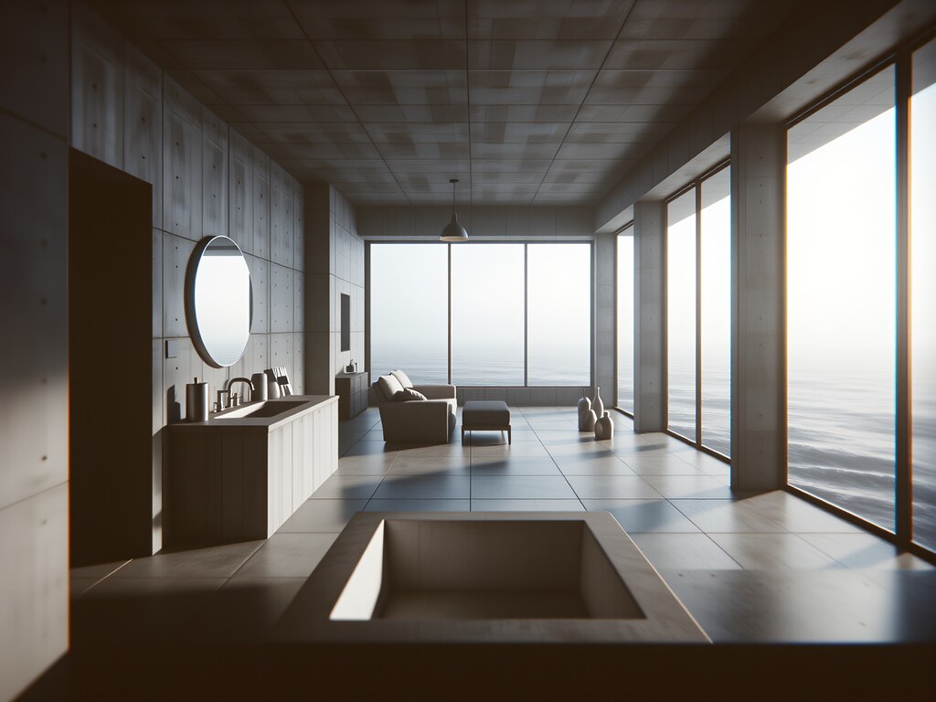 Gün Işığında Deniz Manzaralı Modern ve Minimalist Banyo Dekorasyonu