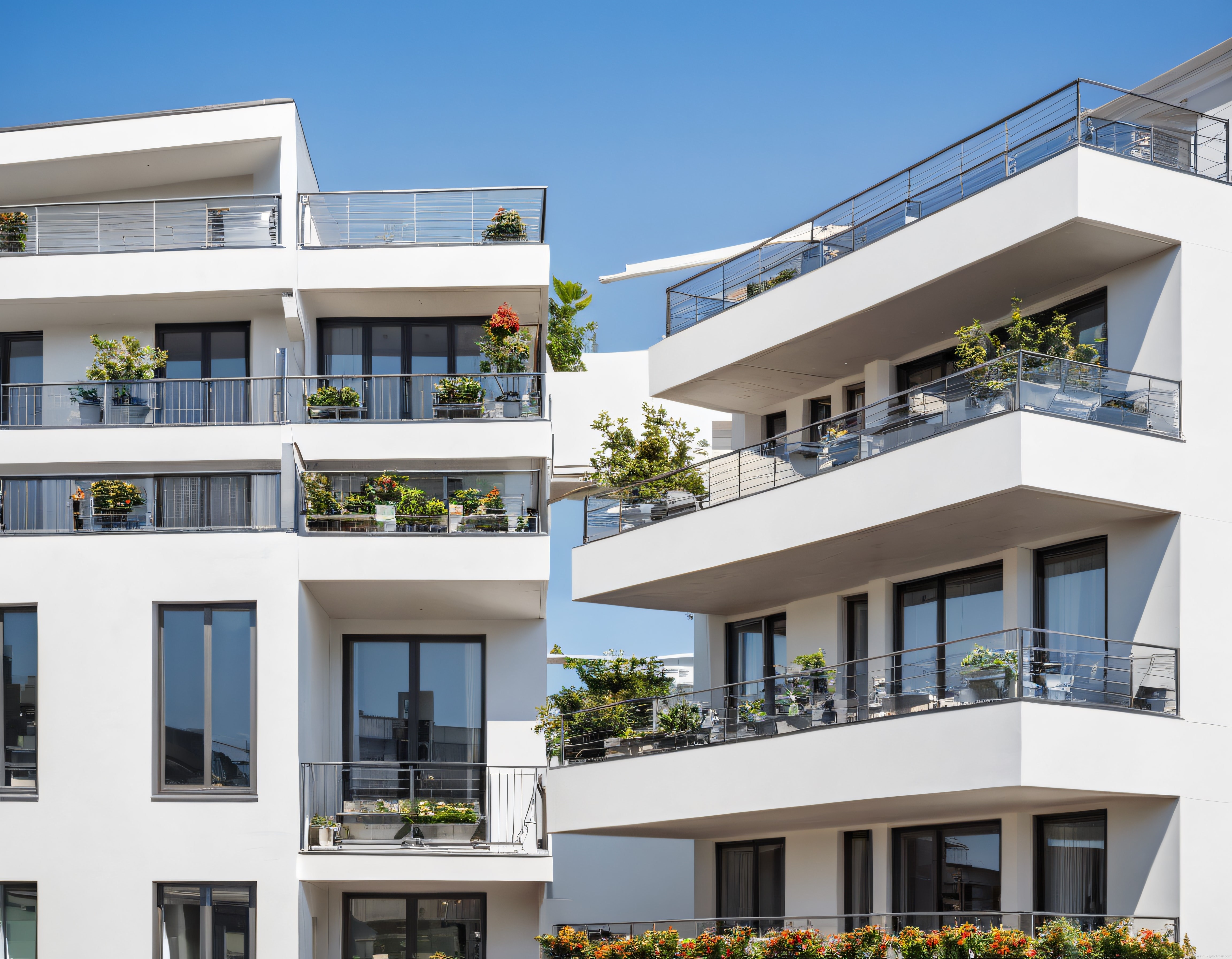 Gün Işığında Modern Beyaz Apartmanlar ve Balkonlardaki Yeşillikler