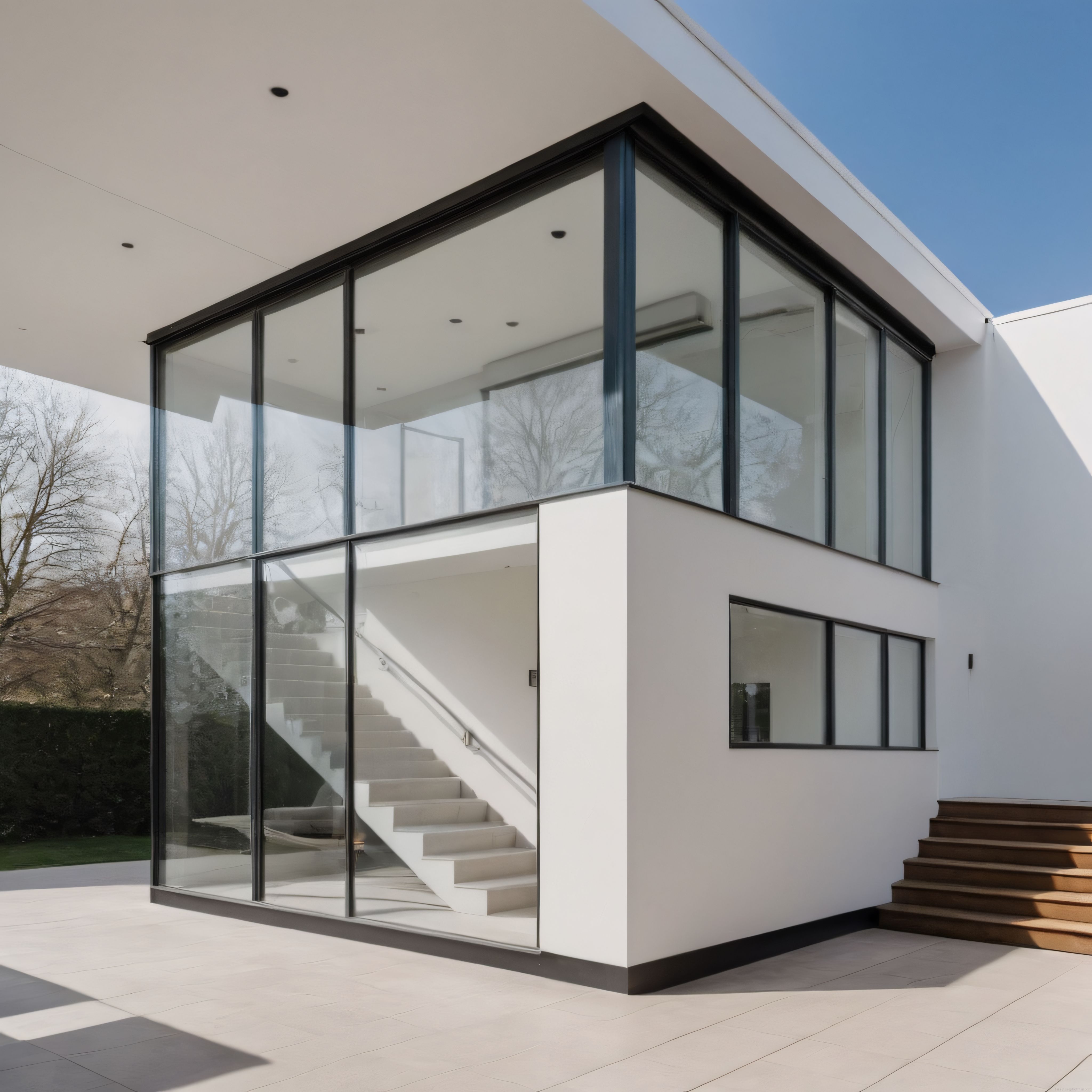Gün ışığında modern cam cepheli beyaz villa ve şık iç mekan merdiveni