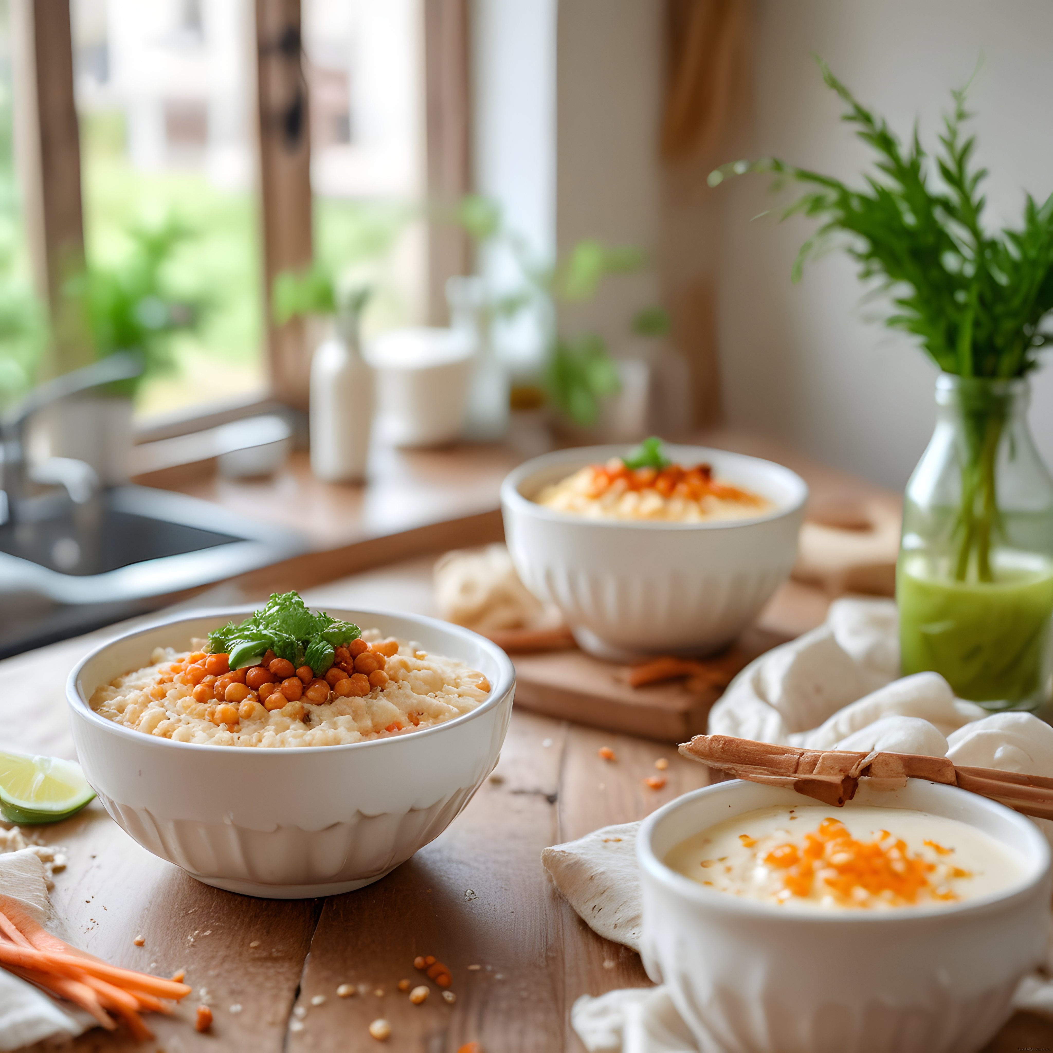 Gün ışığında nohutlu tahıl bowl ve taze soslarla rustik yemek sunumu