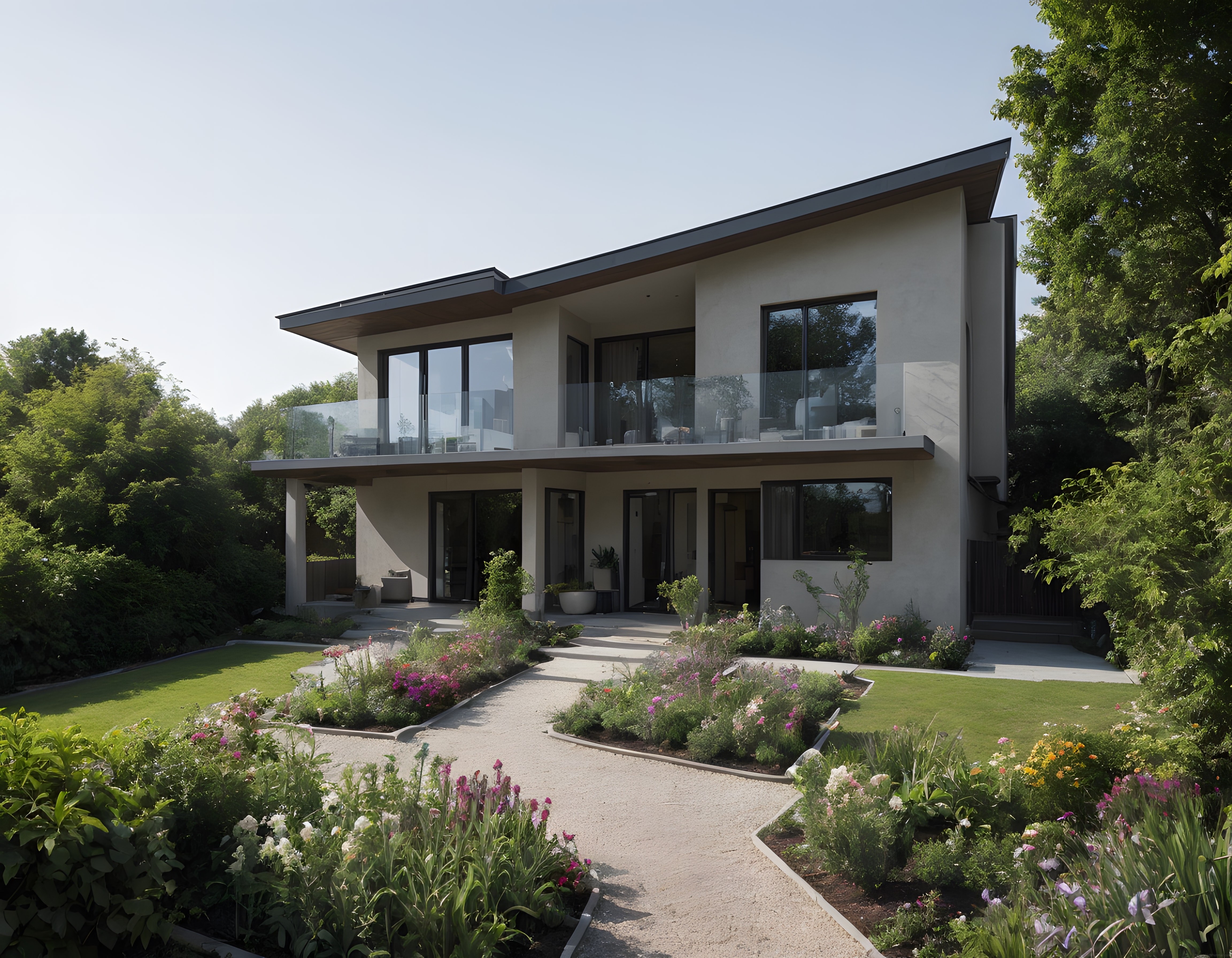 Gün Işığında Parlayan Çağdaş Villa, Cam Detaylar ve Çiçekli Bahçe Peyzajı