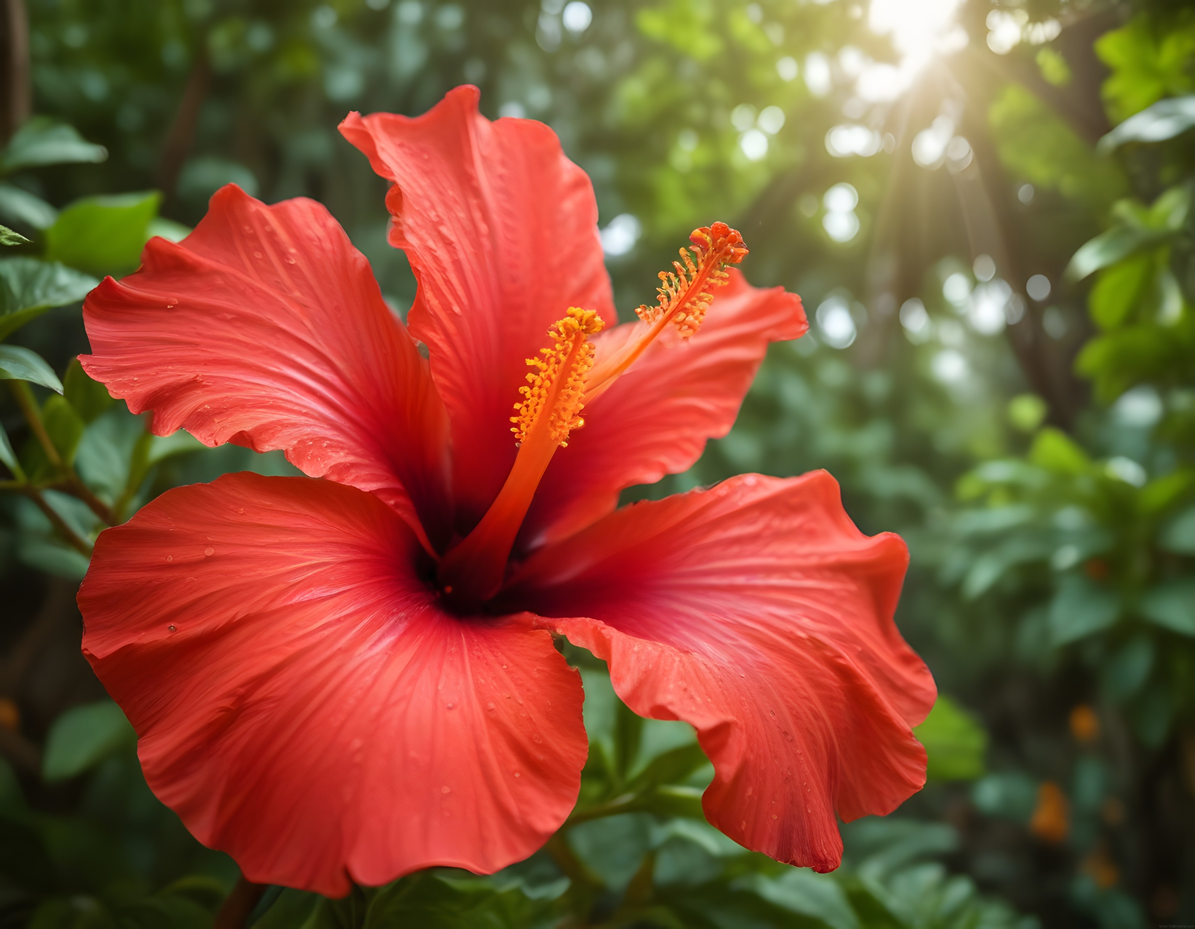 Gün Işığında Parlayan Kırmızı Hibiskus Çiçeği ve Yeşil Yapraklı Doğal Arka Plan