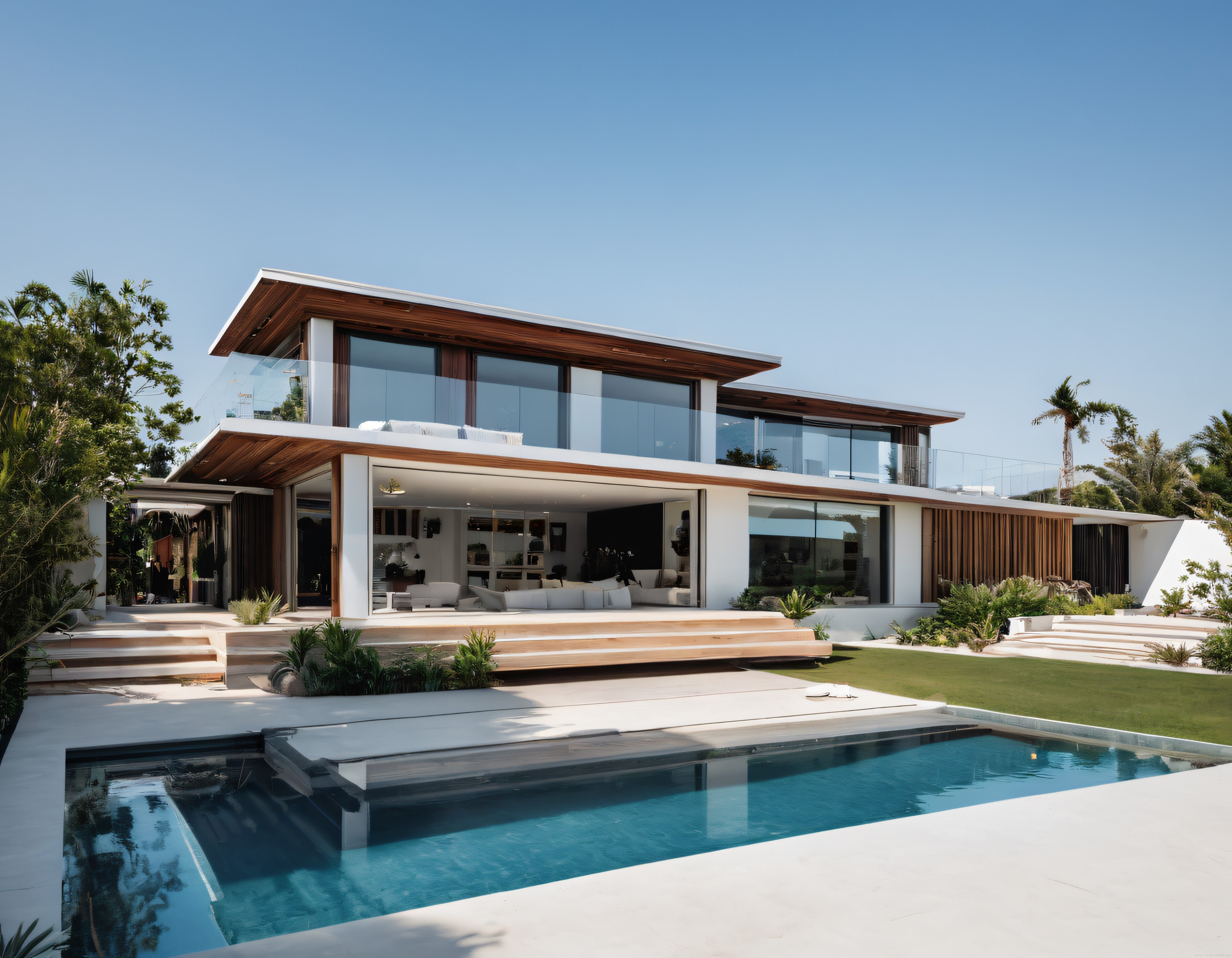 Gün ışığında parlayan modern lüks villa ve yüzme havuzu manzarası
