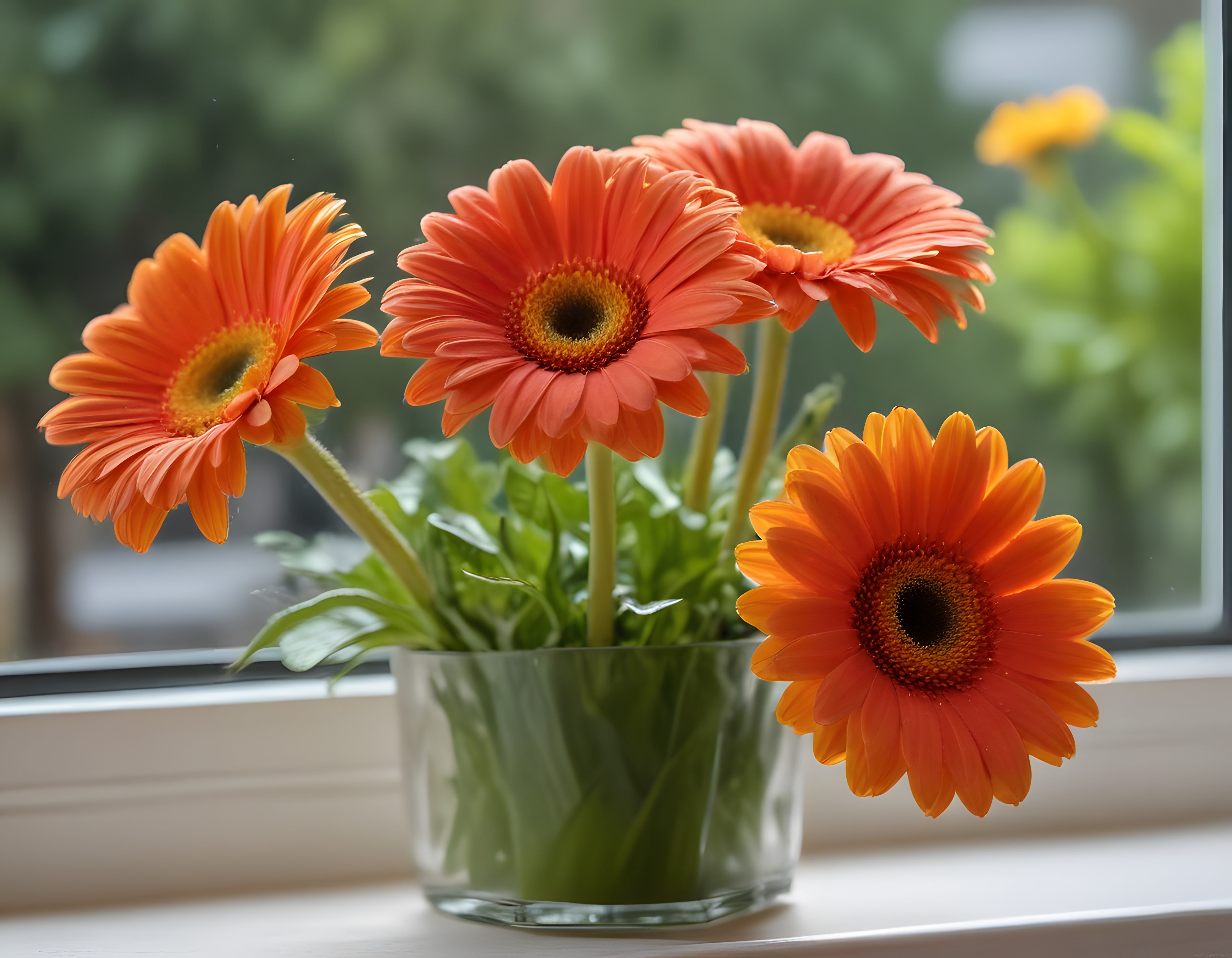 Gün Işığında Pencere Kenarında Şeffaf Vazoda Turuncu Gerbera Çiçekleri