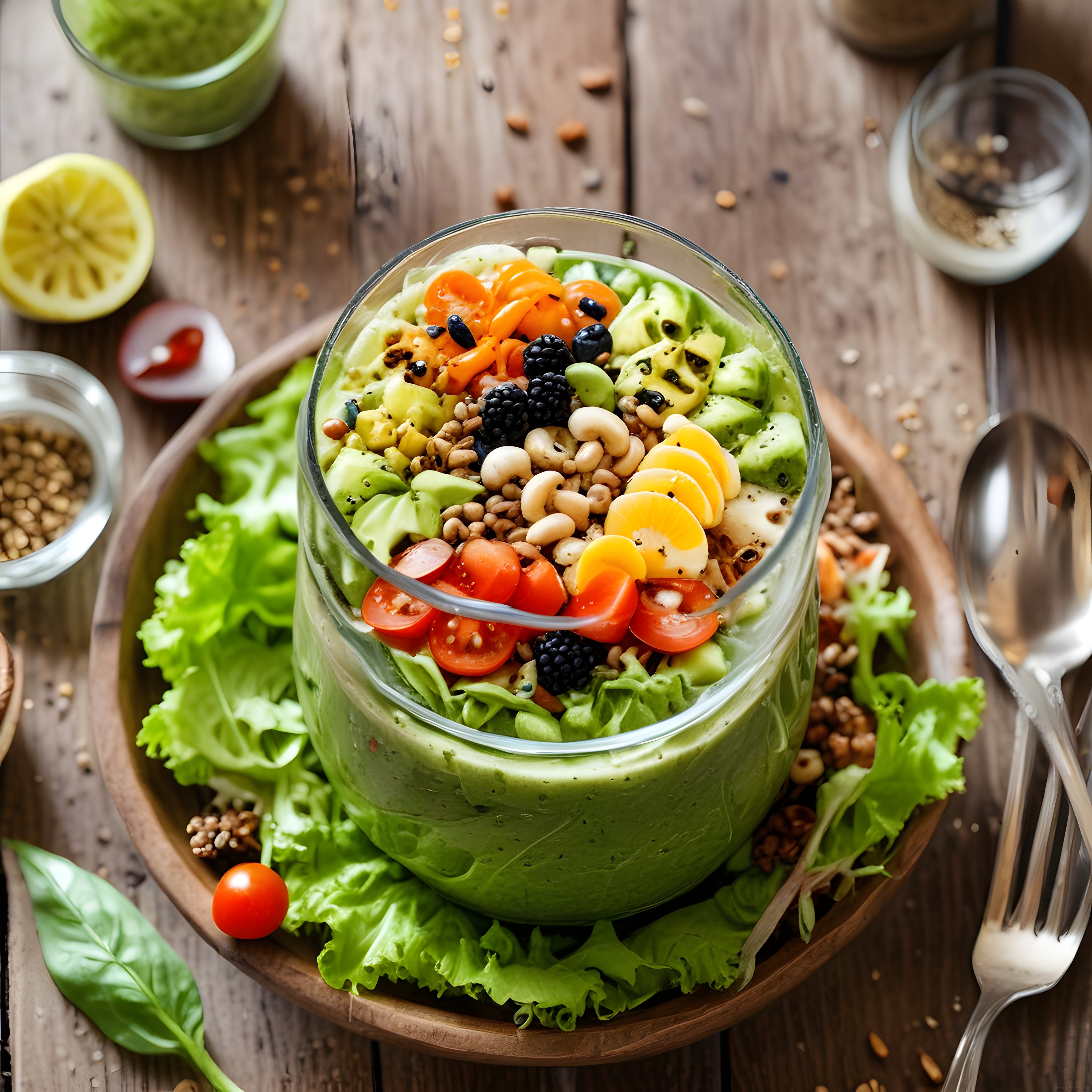 Gün Işığında Rustik Masada Cam Kasada Renkli ve Besleyici Salata Kasesi