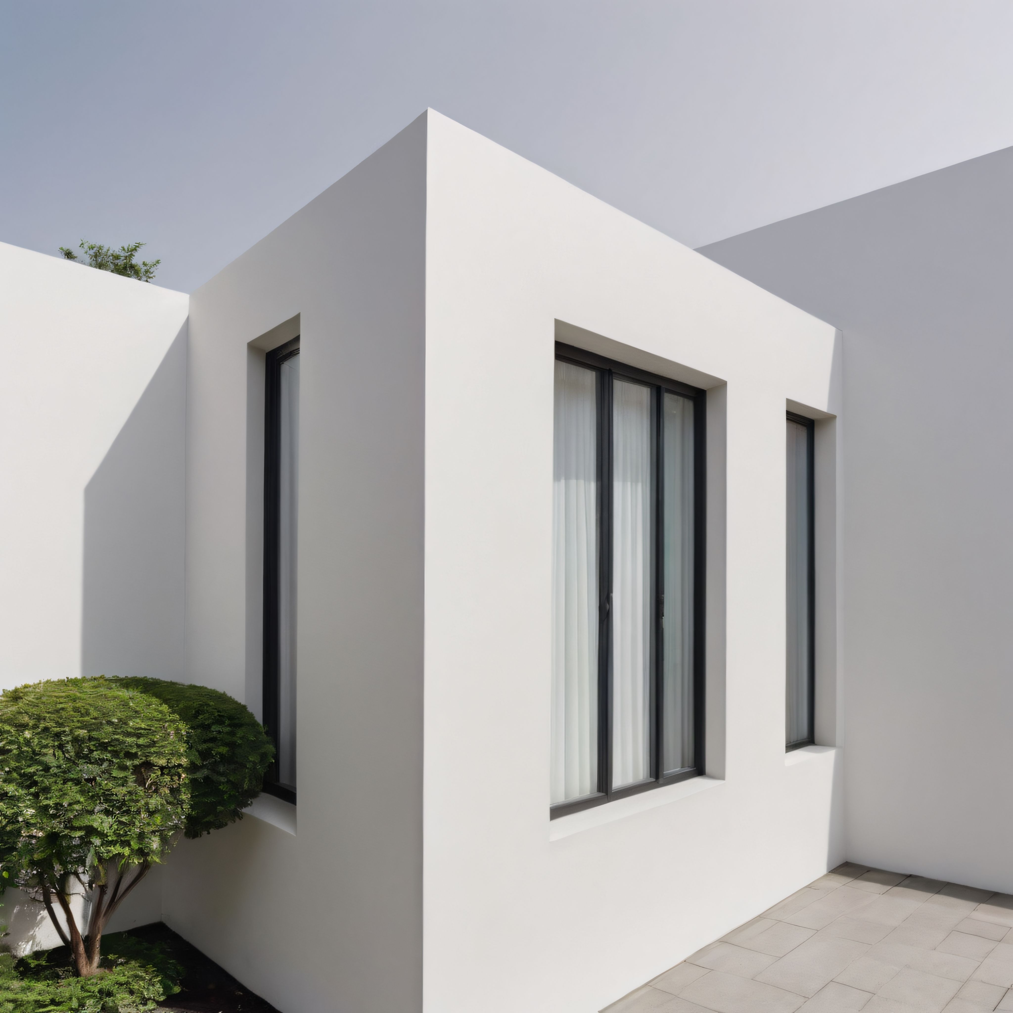 Gün Işığında Sade Çizgiler: Modern Mimari ve Siyah Pencereli Beyaz Ev Köşesi