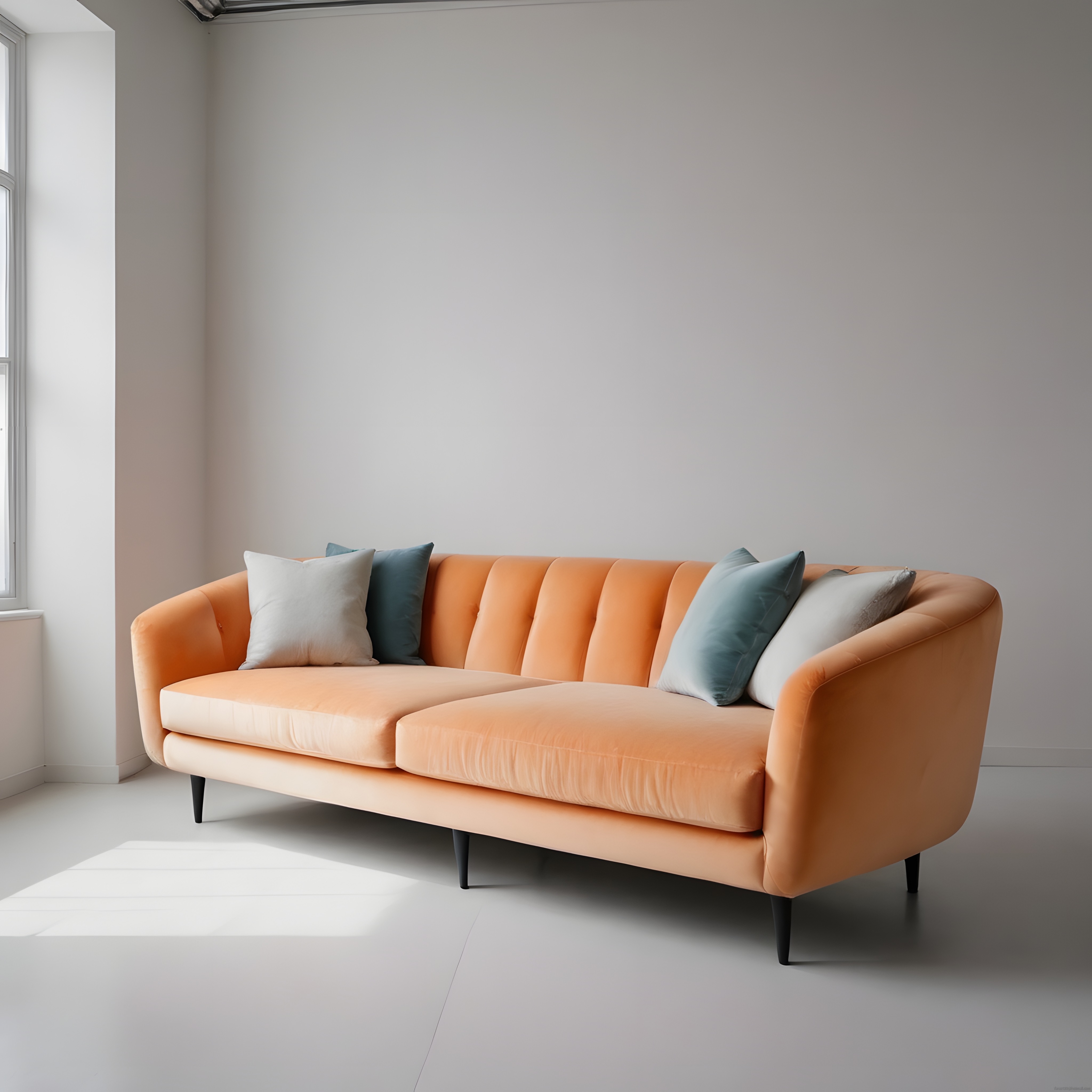 Gün Işığında Şeftali Turuncusu Kadife Kanepe ve Minimalist Beyaz Salon Dekoru