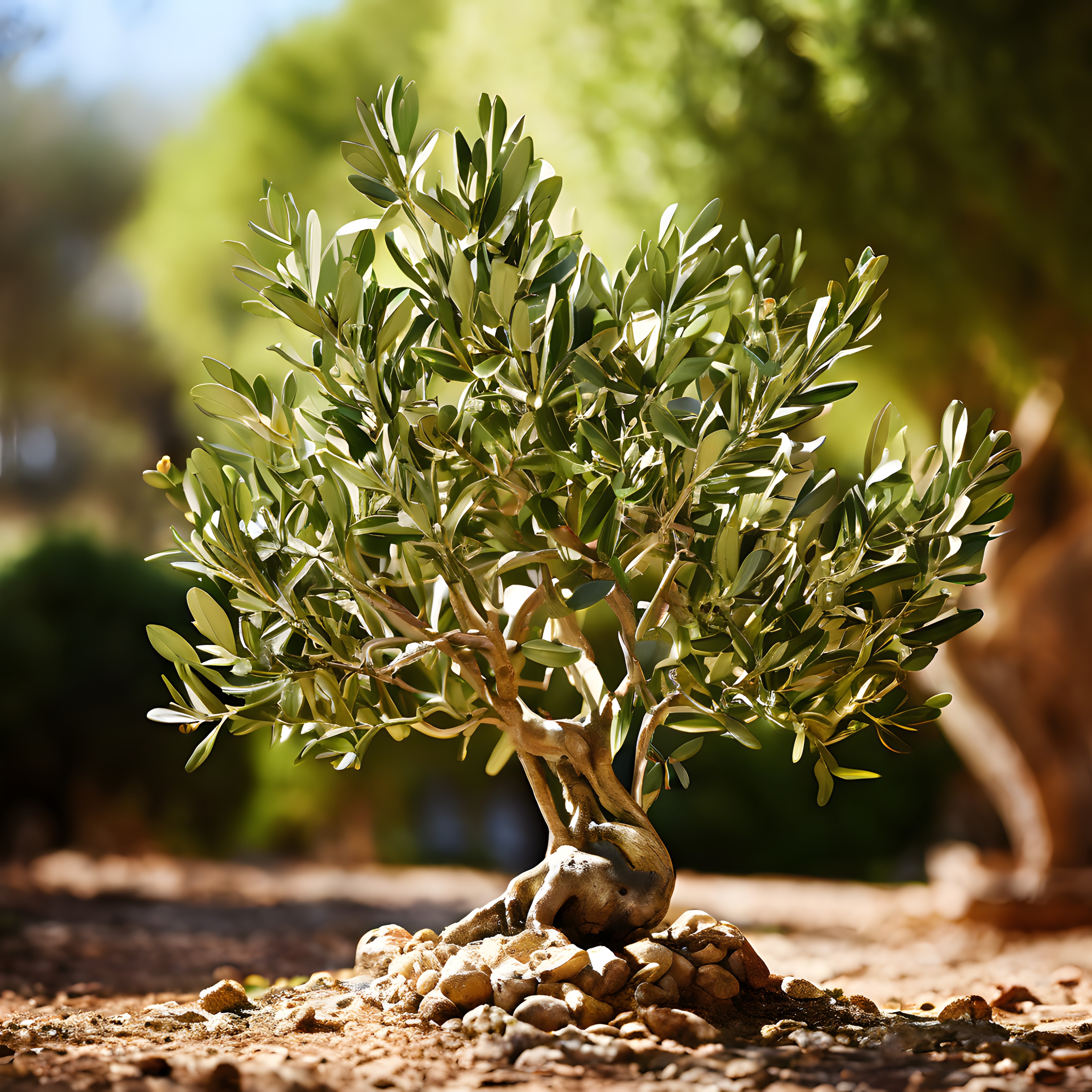 Gün Işığında Taş Saksıda Estetik Zeytin Bonsai Ağacı ve Yeşil Yaprakları