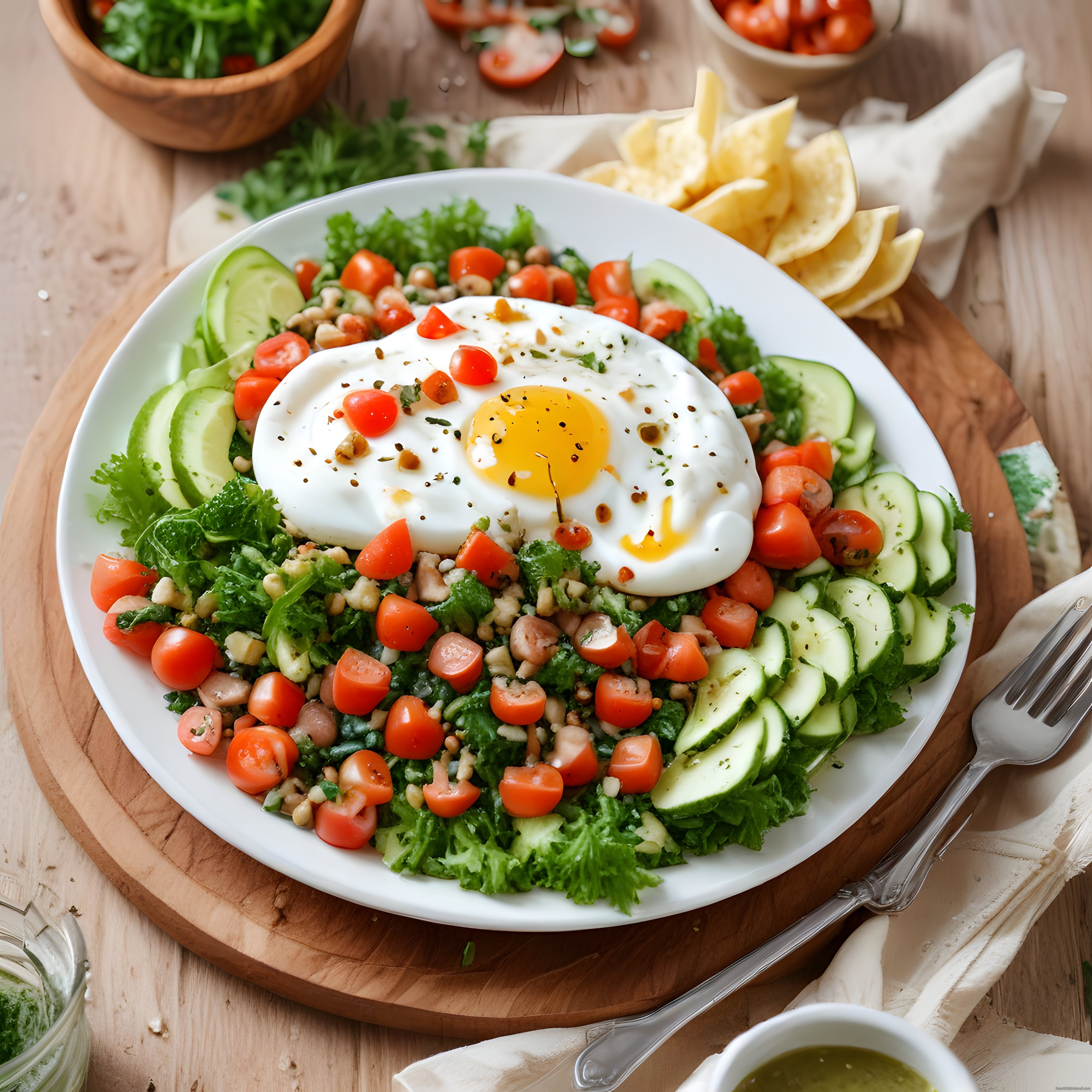 Gün Işığında Yumurtalı Avokadolu Salata Kasesi ve Ev Yapımı Mısır Cipsi