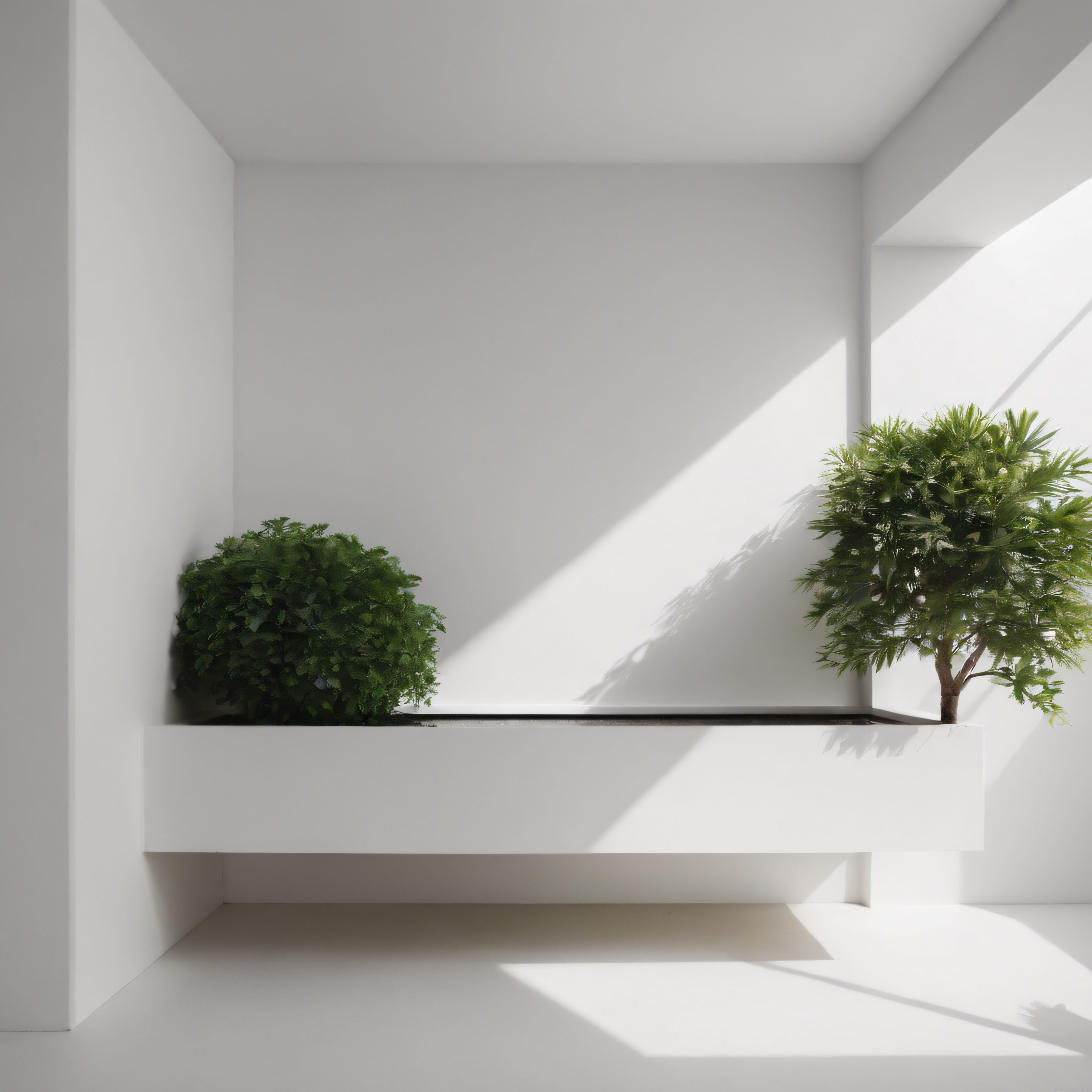 Gün Işığının Dans Ettiği Minimalist Beyaz İç Mekan ve Yeşil Bitkiler