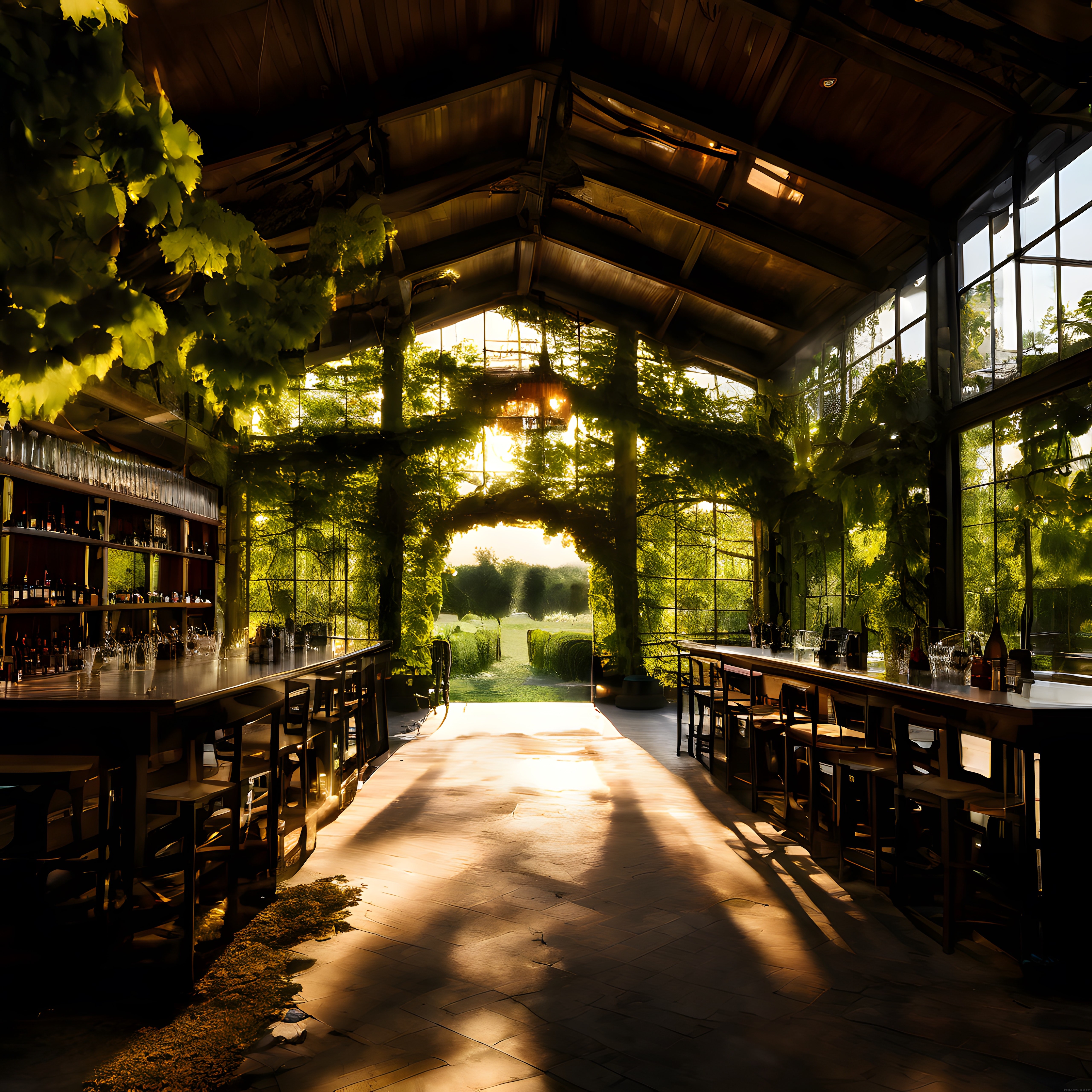 Gün Işığıyla Aydınlanan Botanik Restoran ve Bar İç Mekan Manzarası