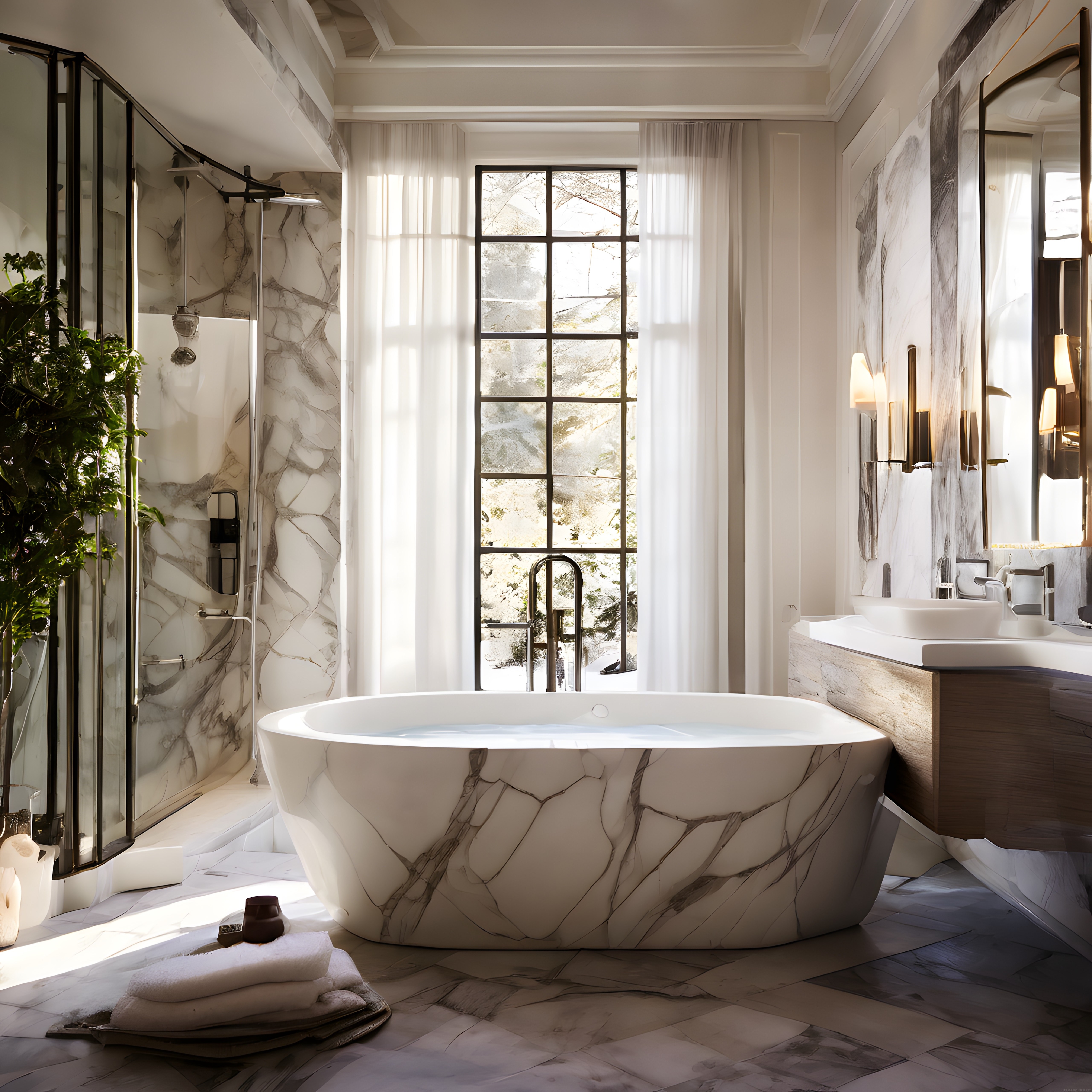 Gün Işığıyla Bütünleşen Lüks Mermer Banyo ve Modern Tasarım Detayları