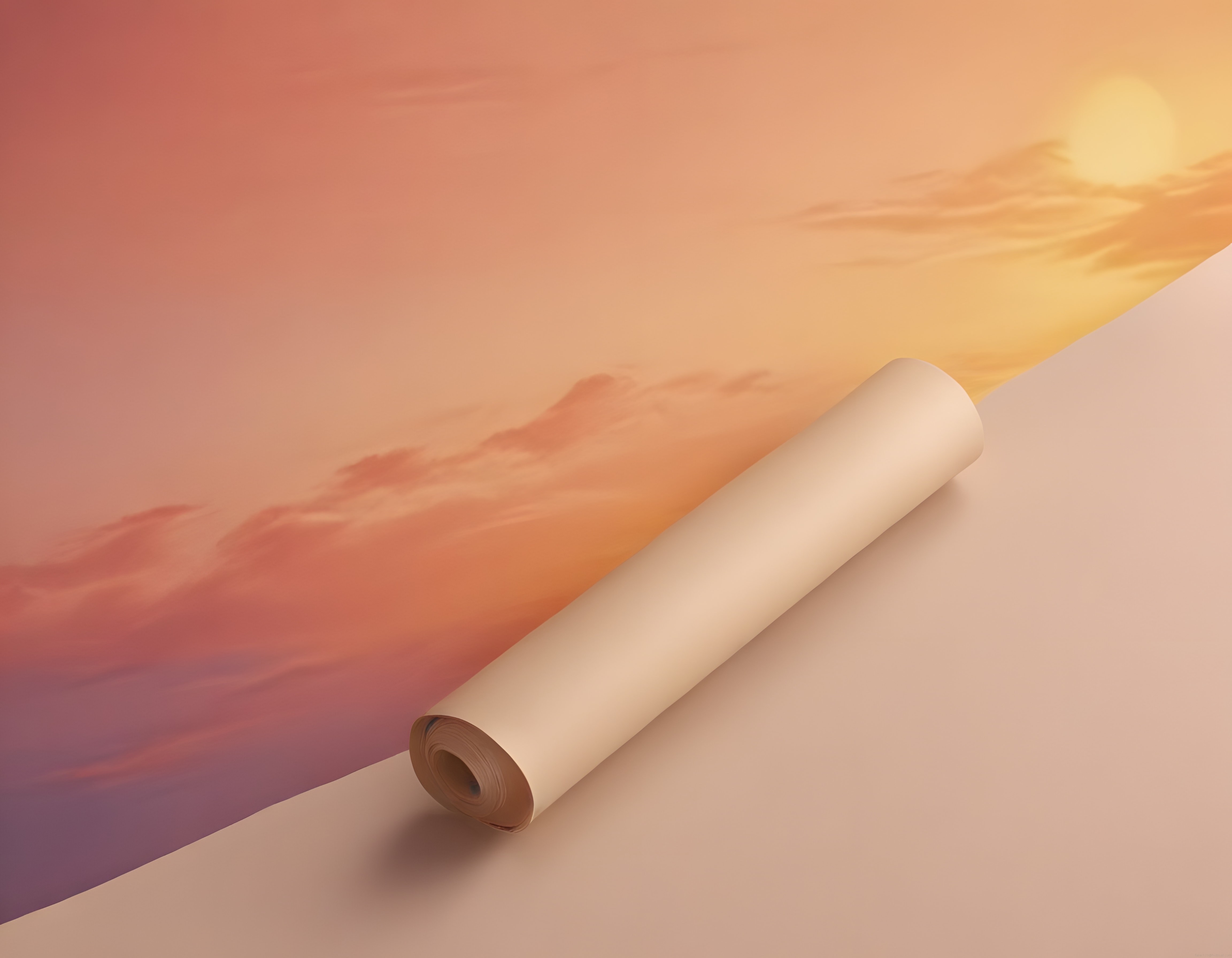 Günbatımı Desenli Duvar Kağıdı Rulosu ve Pastel Gökyüzü Dekorasyon Konsepti