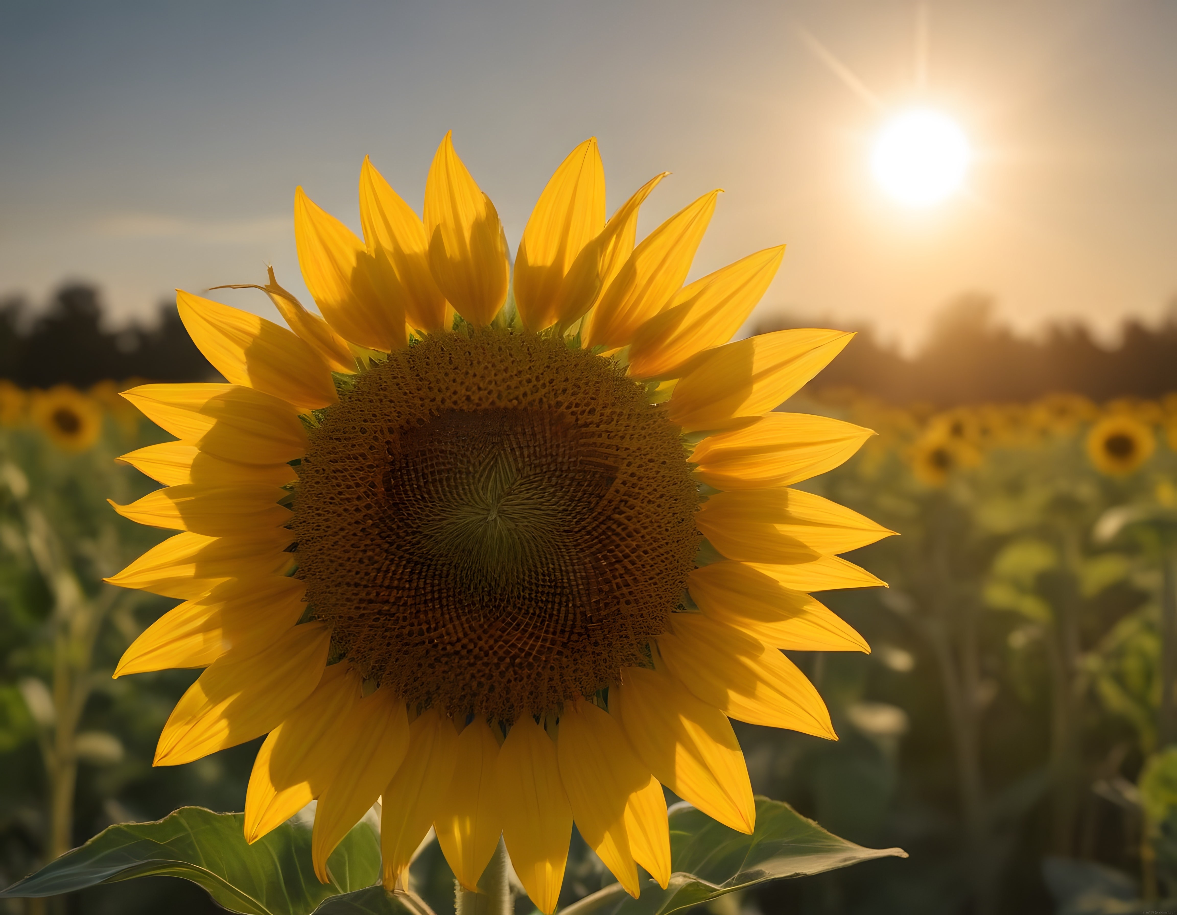 Günbatımı Işığında Parlayan Sarı Ayçiçeği ve Tarla Manzarası