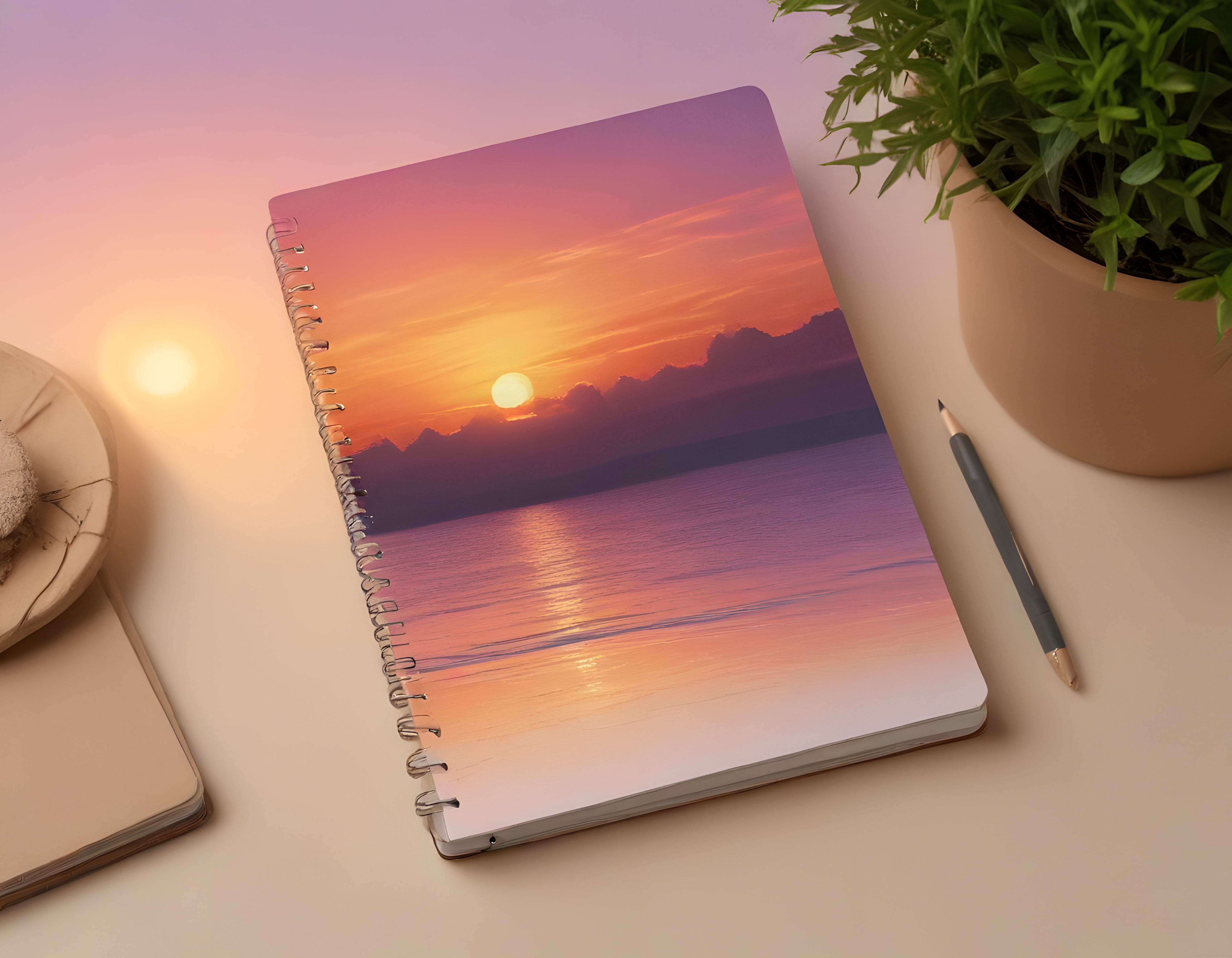 Günbatımı Manzaralı Spiralli Defter ve Sıcak Tonlarda Minimal Masa Düzeni