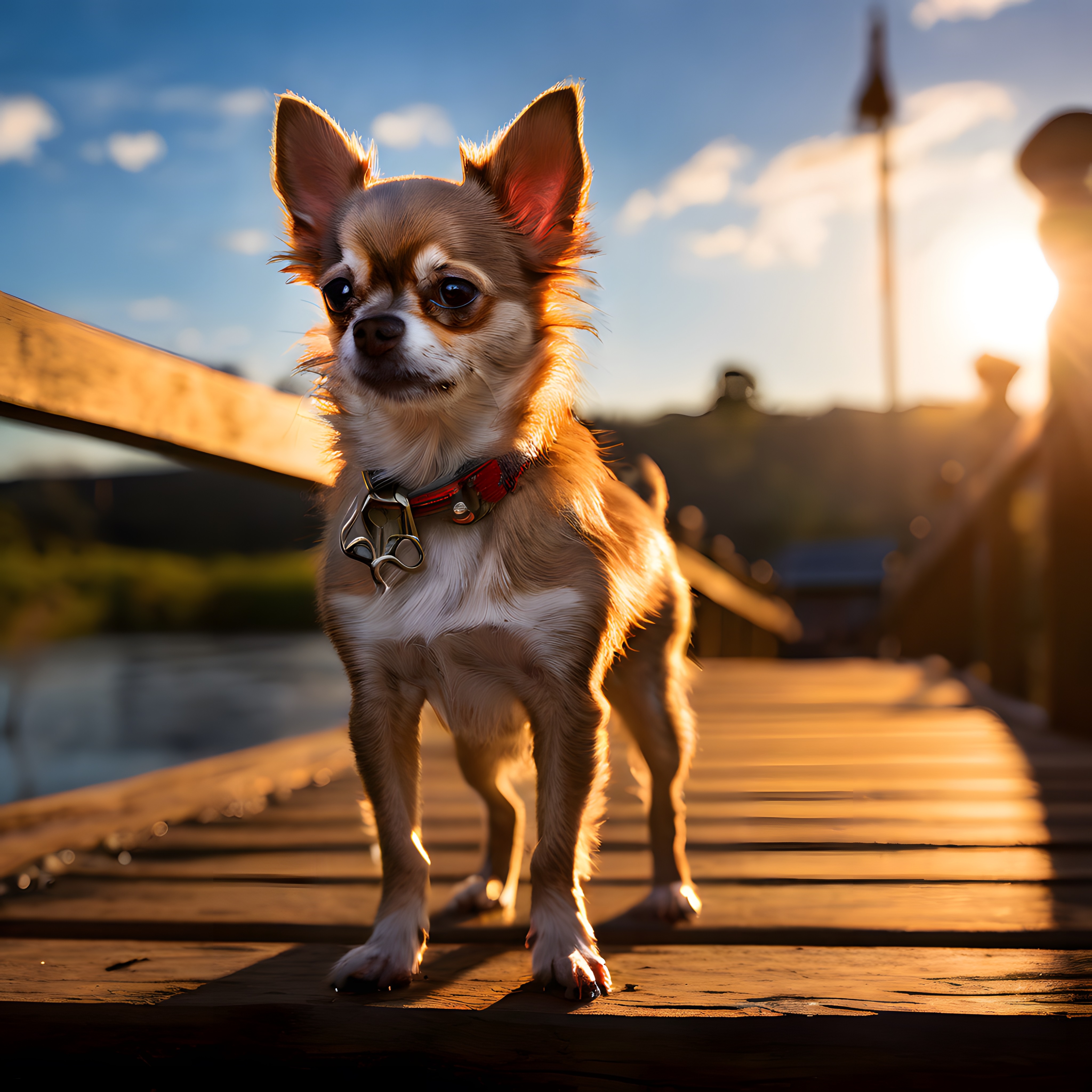 Günbatımında Ahşap Köprü Üzerinde Duran Sevimli Chihuahua Köpek Portresi