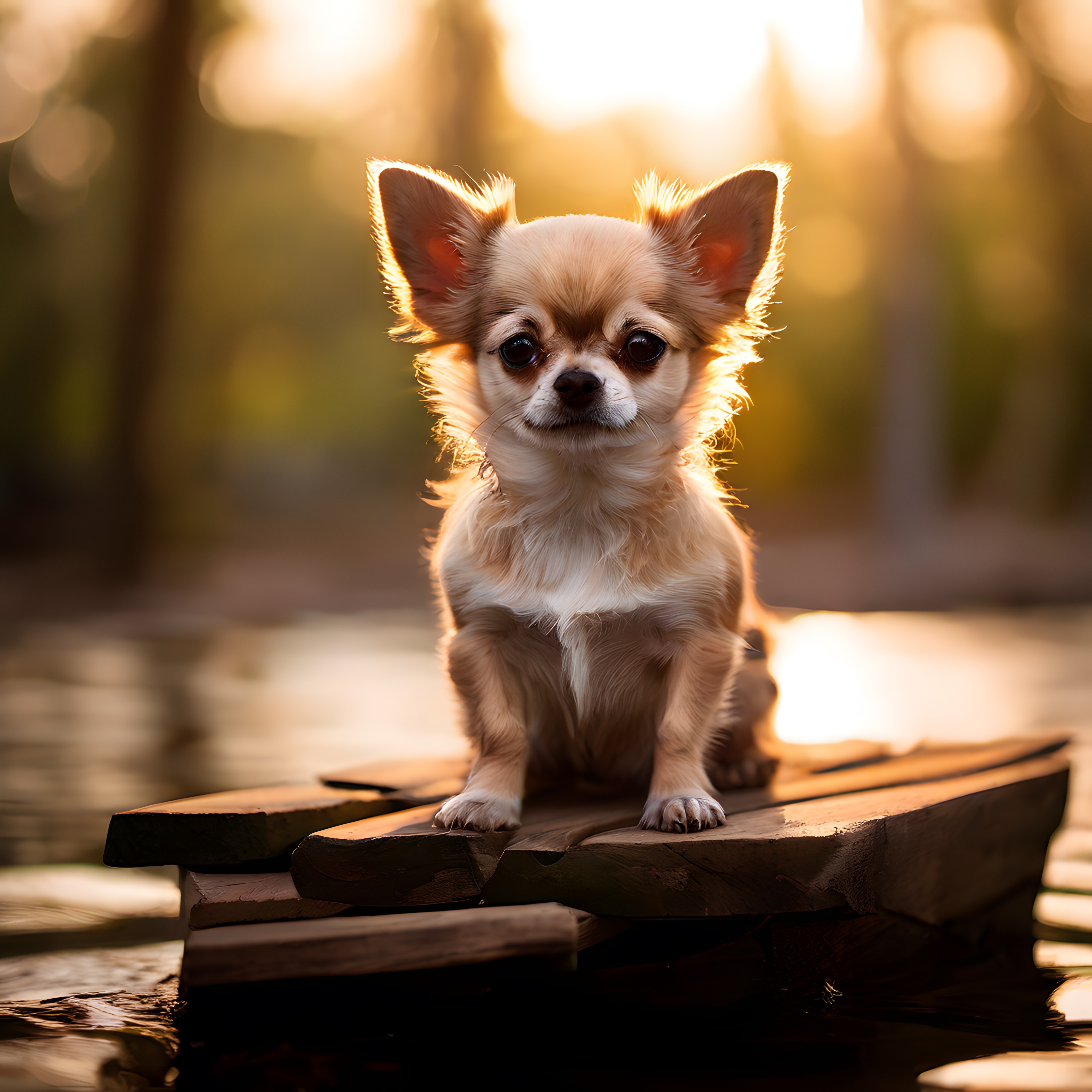 Günbatımında Ahşap Platformda Oturan Sevimli Chihuahua Köpek Portresi
