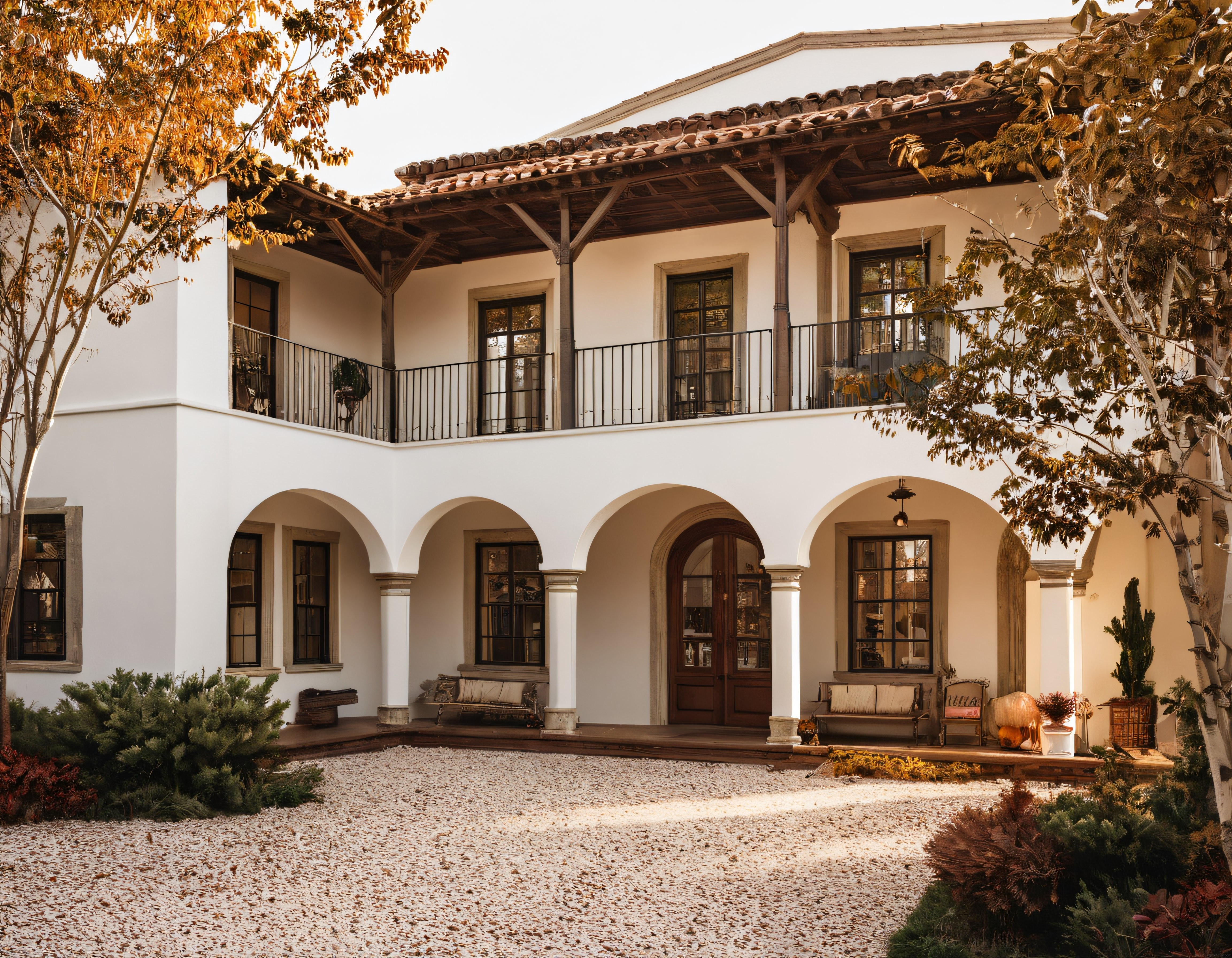 Günbatımında Akdeniz Tarzı Avlulu Beyaz Villa Cephesi ve Bahçe