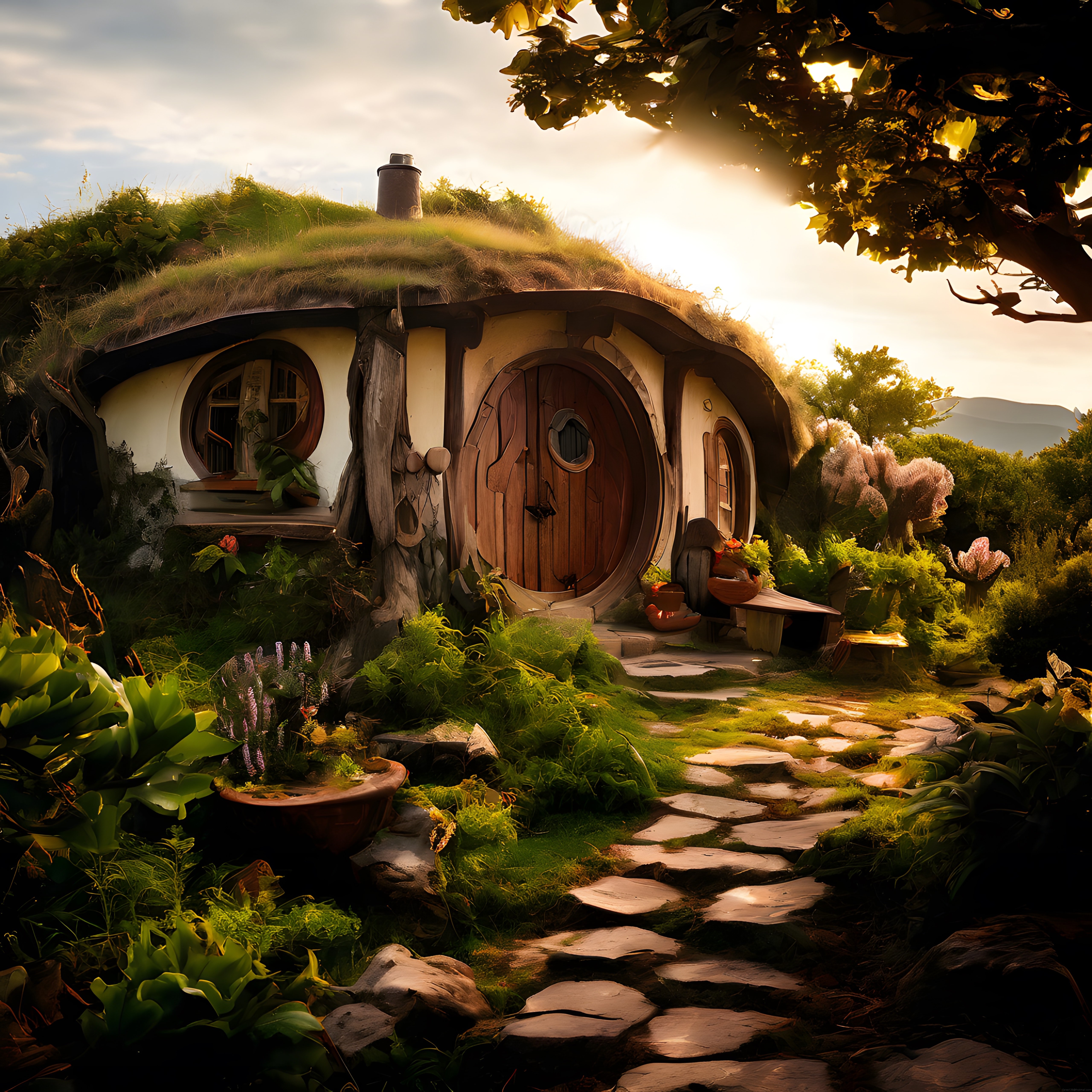 Günbatımında Efsanevi Hobbit Evi: Yeşil Çatılı Masalsı Kulübe ve Taş Patika