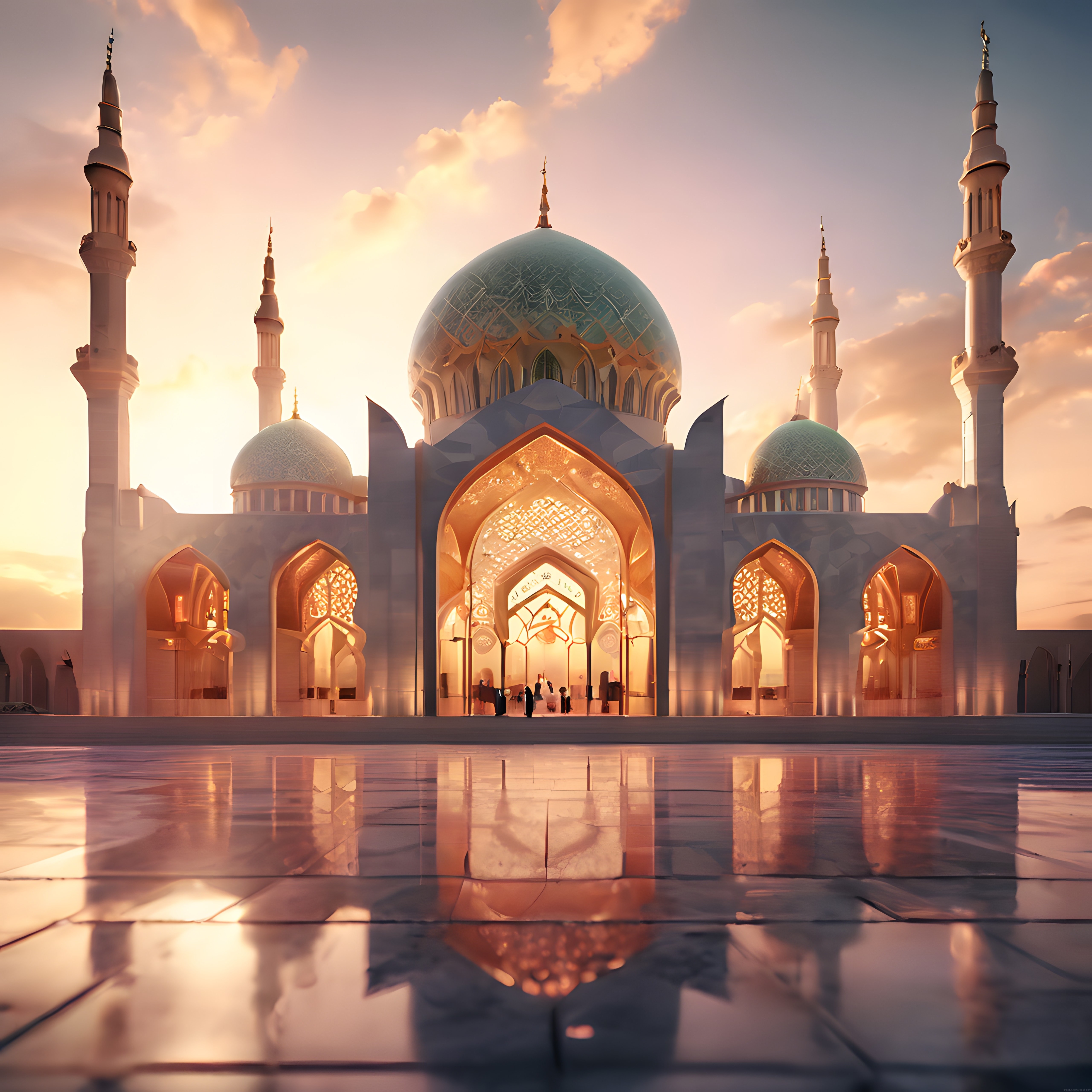 Günbatımında Işıl Işıl Parlayan Büyük Kubbeli Cami ve Yansıtan Mermer Avlu