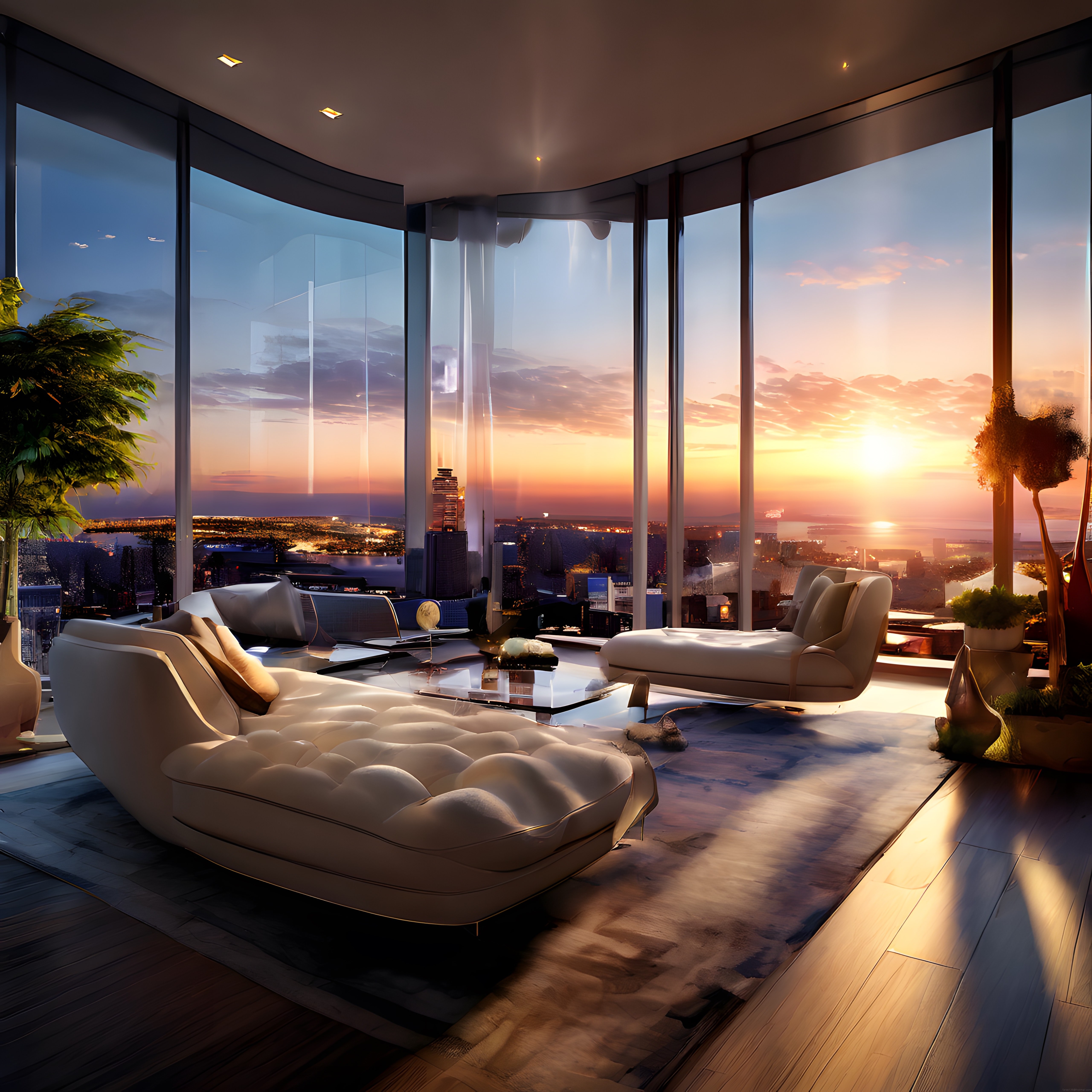 Günbatımında Lüks Şehir Dairesi Modern Penthouse İç Mekan ve Panoramik Manzara