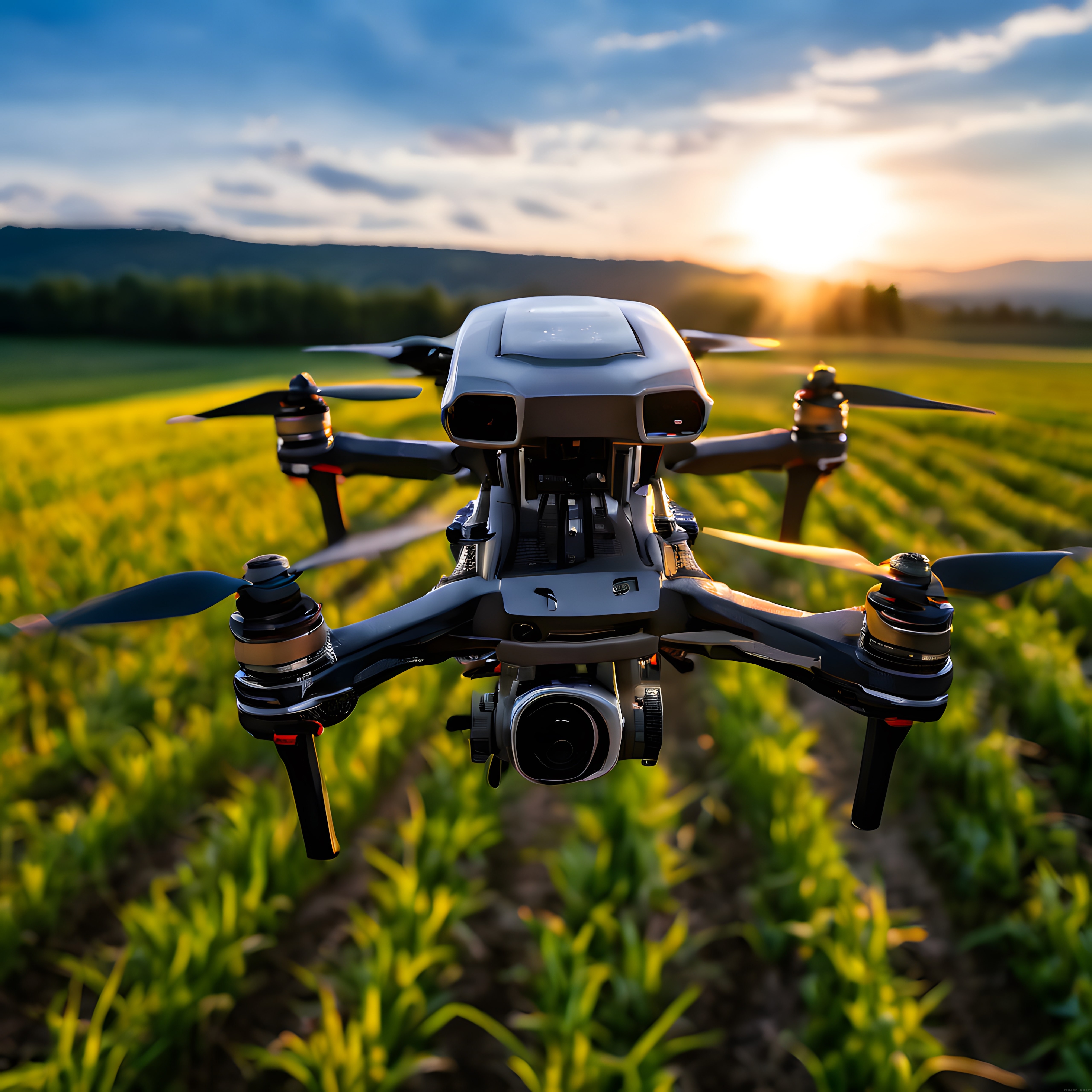 Günbatımında Yeşil Tarlalar Üzerinde Uçan Profesyonel Drone ile Hava Çekimi