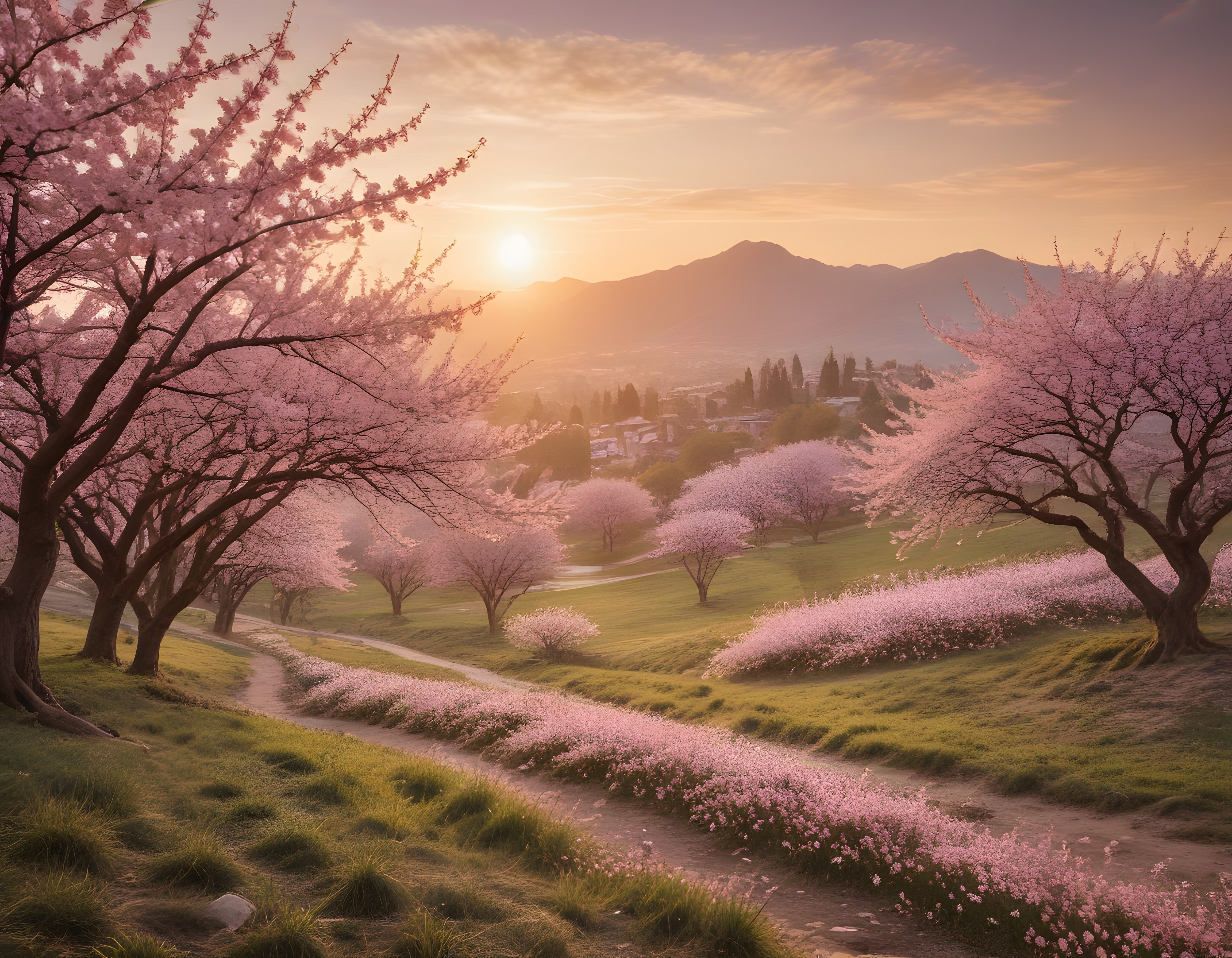 Gündoğumunda Pembe Sakura Ağaçları ve Çiçekli Yamaçların Sakin Manzarası
