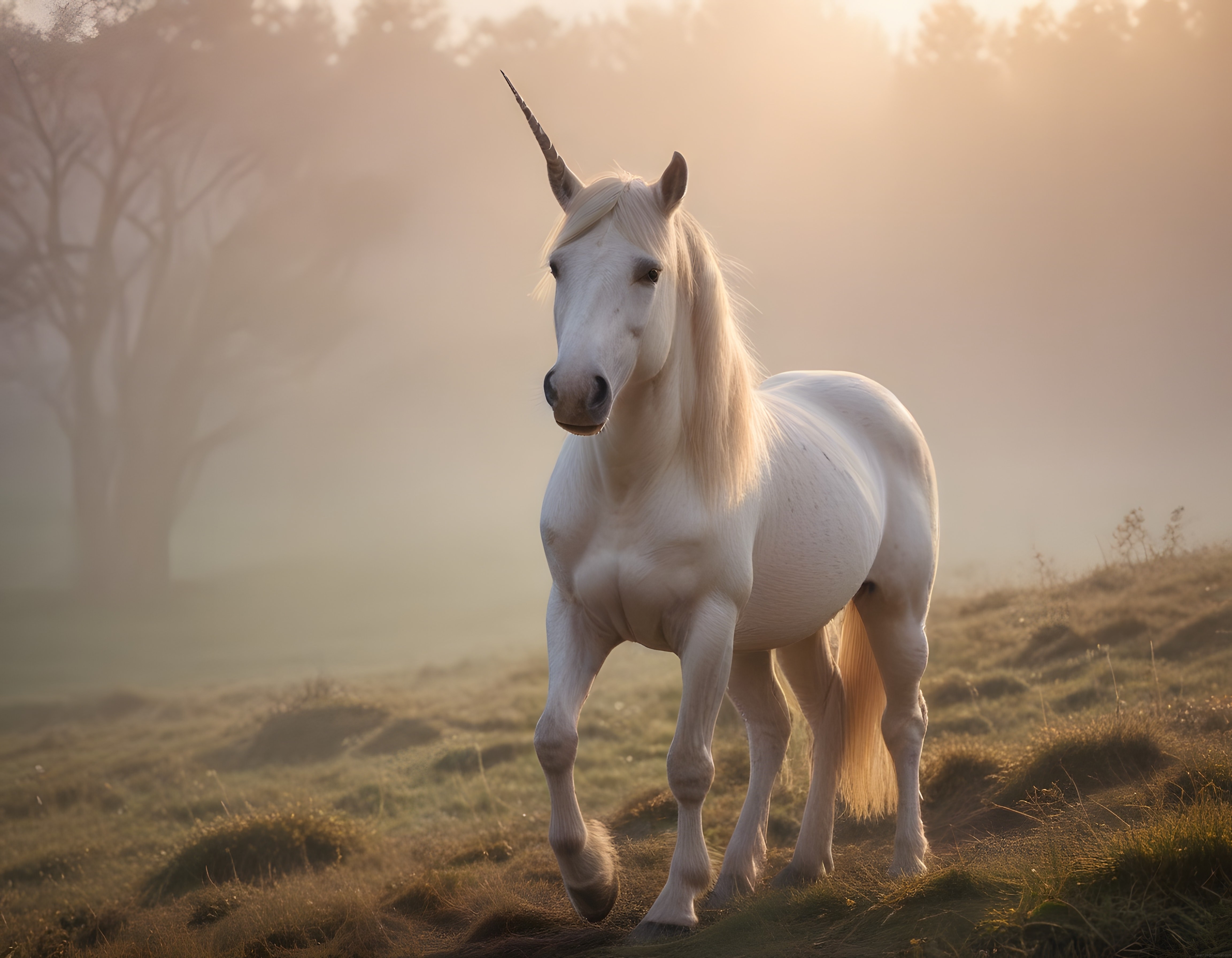 Gündoğumunun Altın Işıklarında Yürüyen Gizemli Beyaz Unicorn