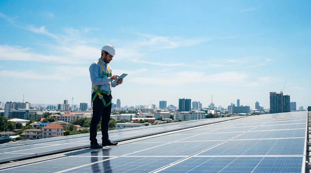 Güneş enerjili çatı paneli inşaatı - şehir manzarası