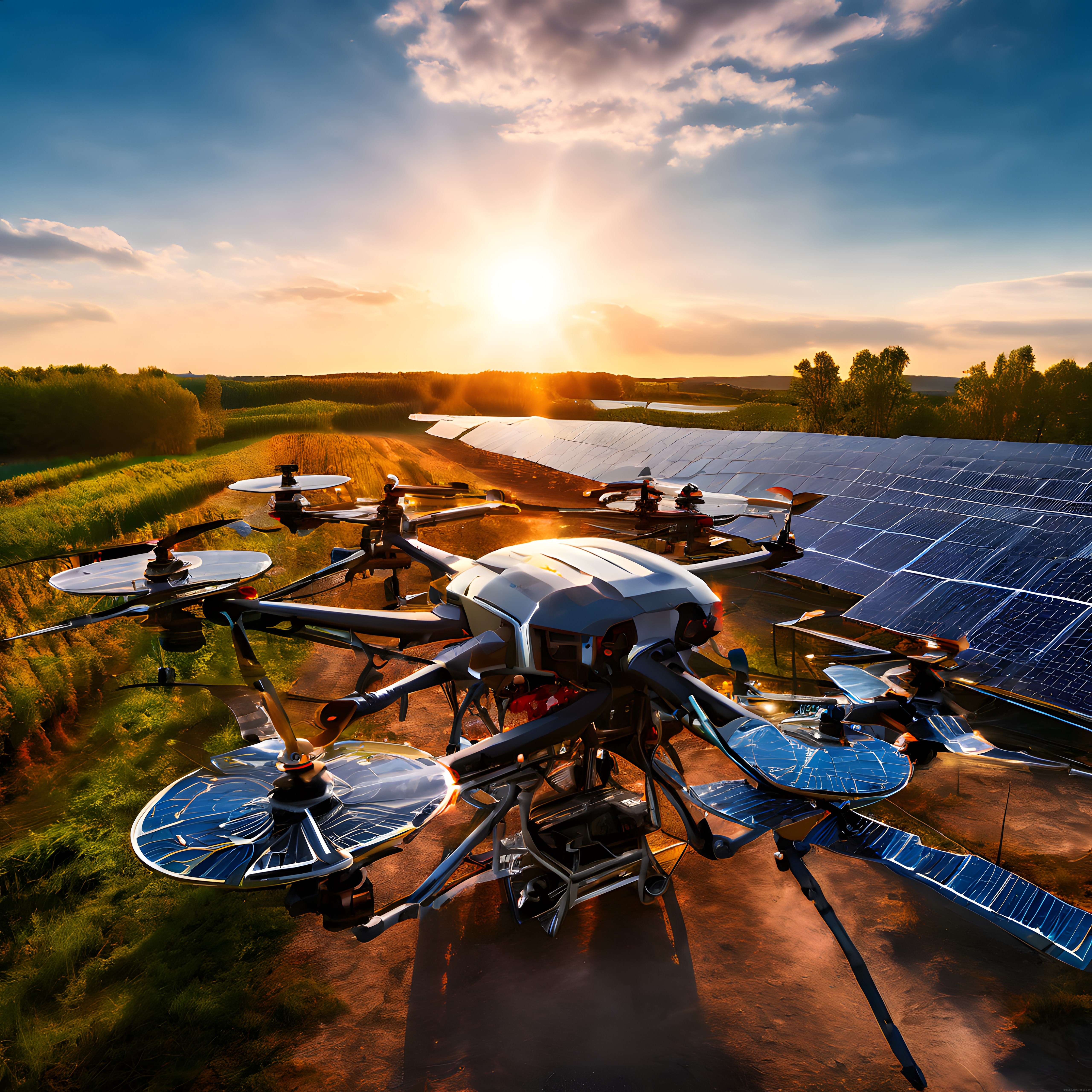 Güneş enerjili tarlada sürdürülebilir teknoloji drone ve solar panel manzarası