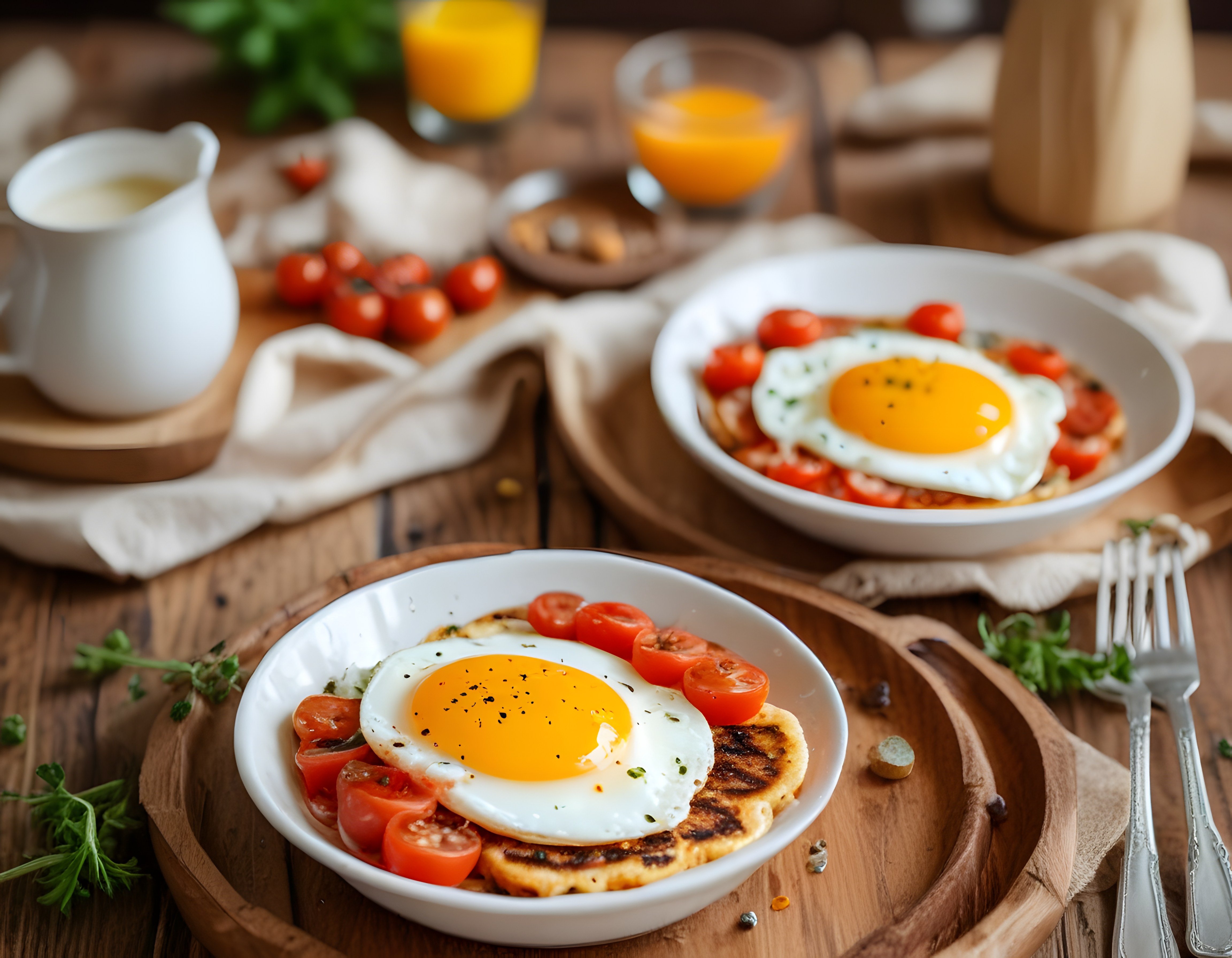 Güneş Gibi Kızarmış Yumurta ve Domatesli Rustik Kahvaltı Tabağı